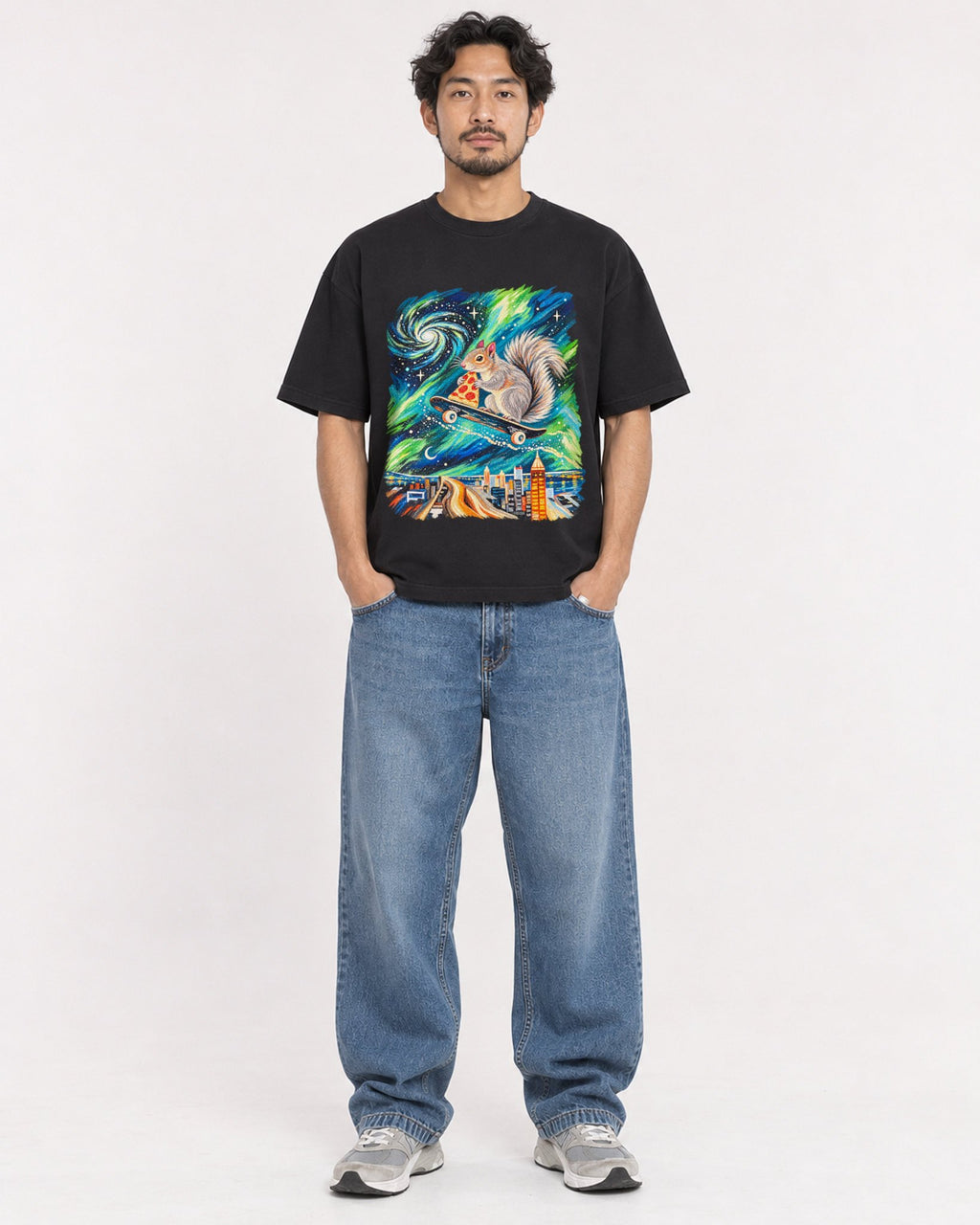 Mockup Boxy Heavyweight Tee Black male full-body 02