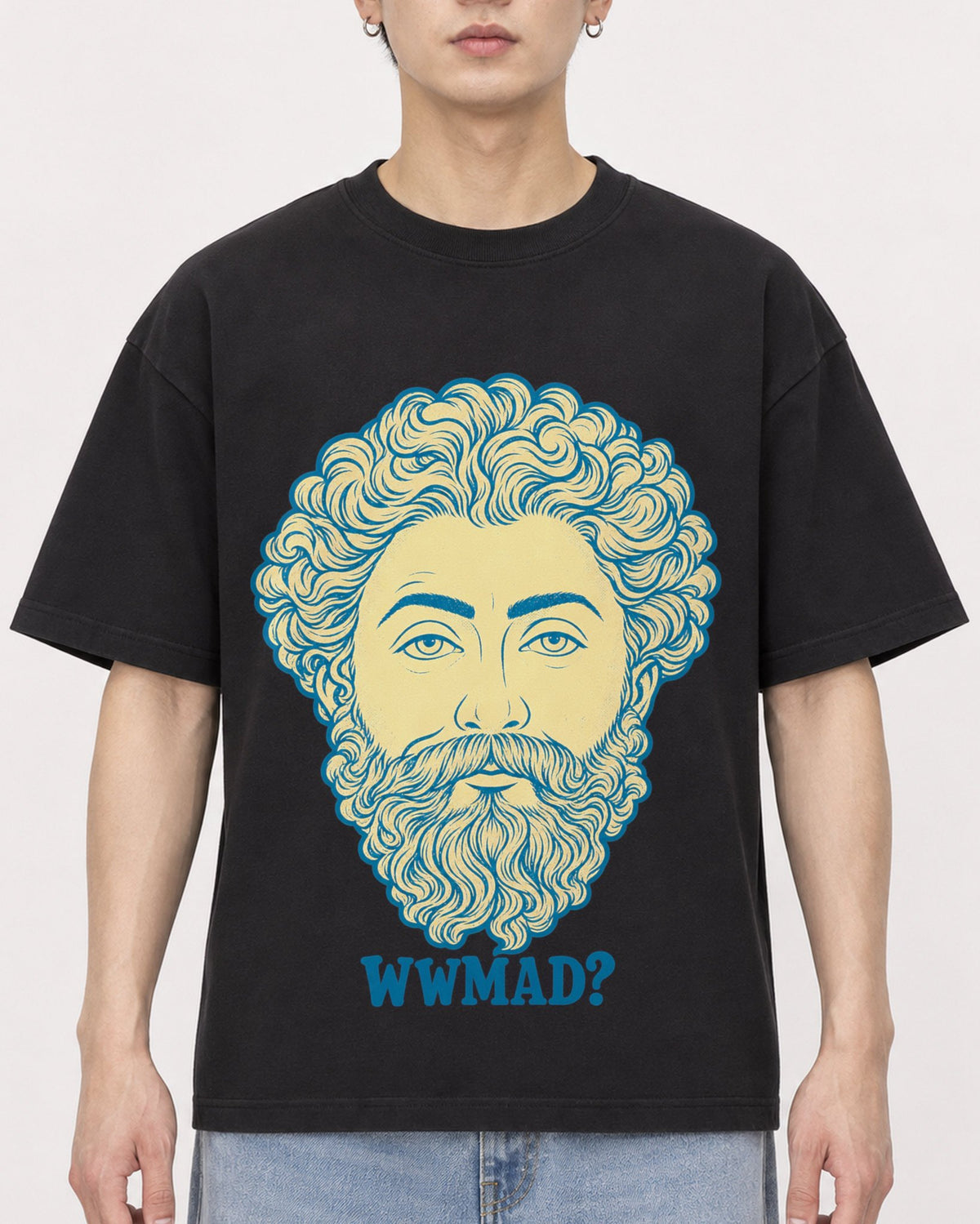 Mockup Boxy Heavyweight Tee Black male close-up 01