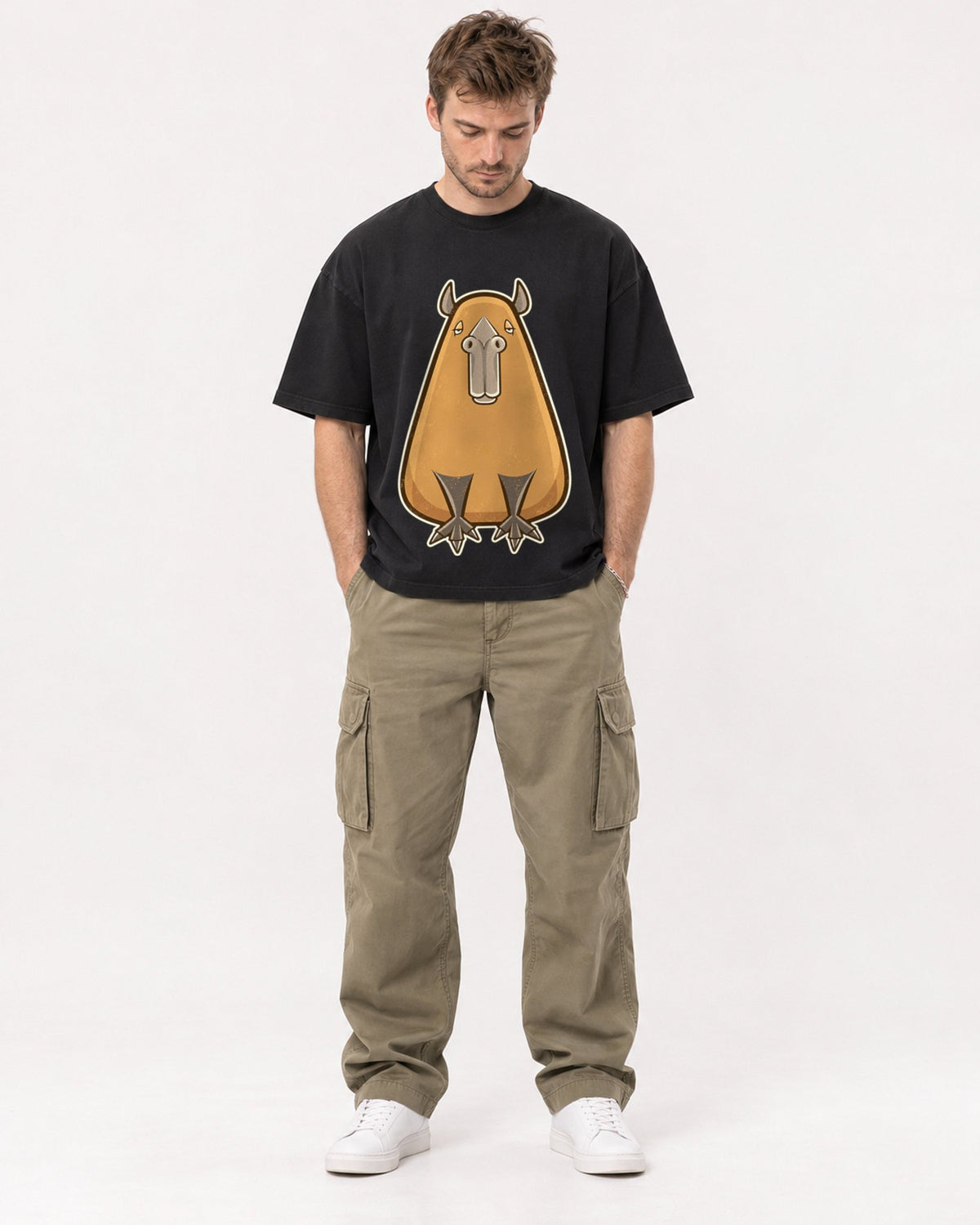 Mockup Boxy Heavyweight Tee Black male full-body 08