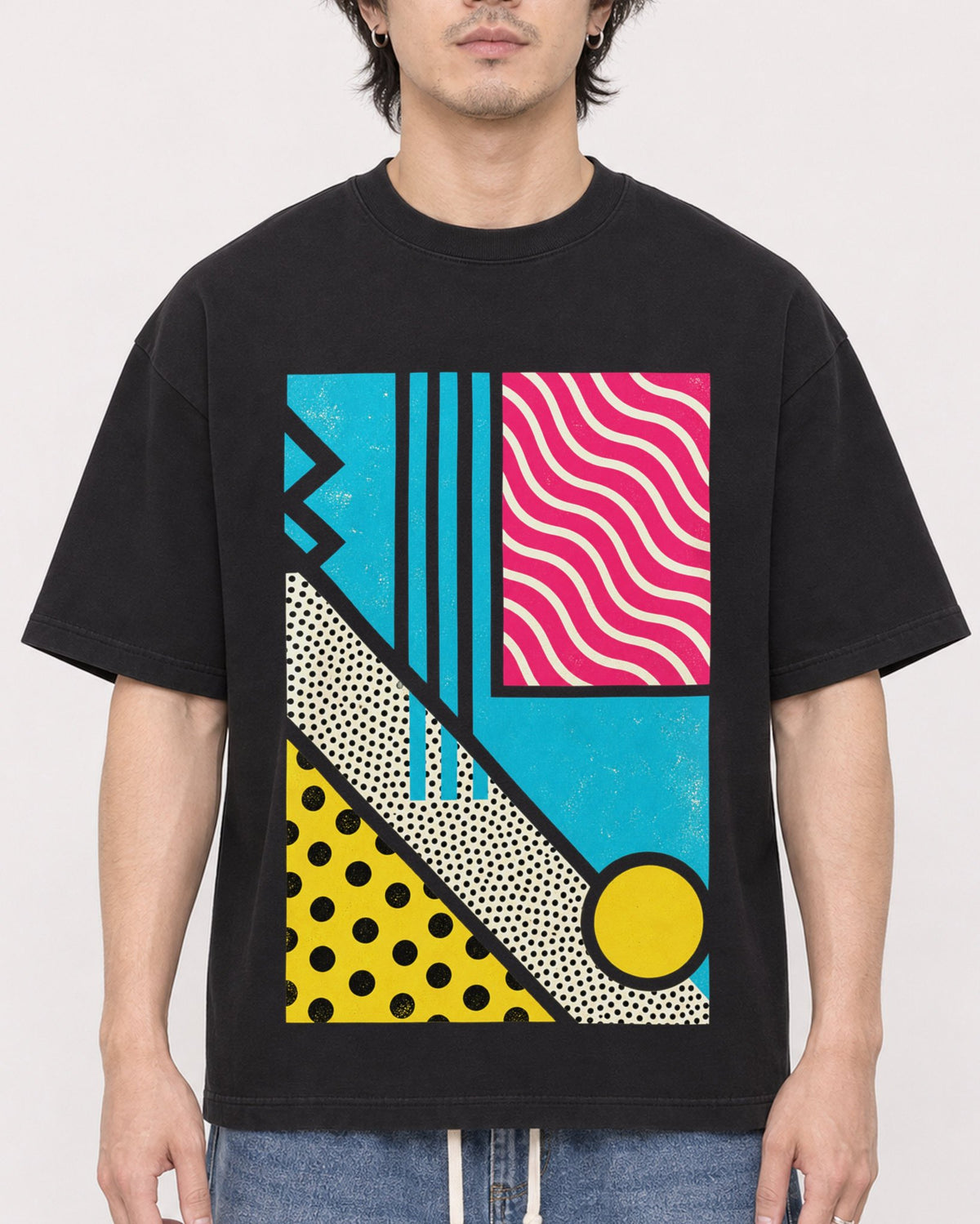 Mockup Boxy Heavyweight Tee Black male close-up 03