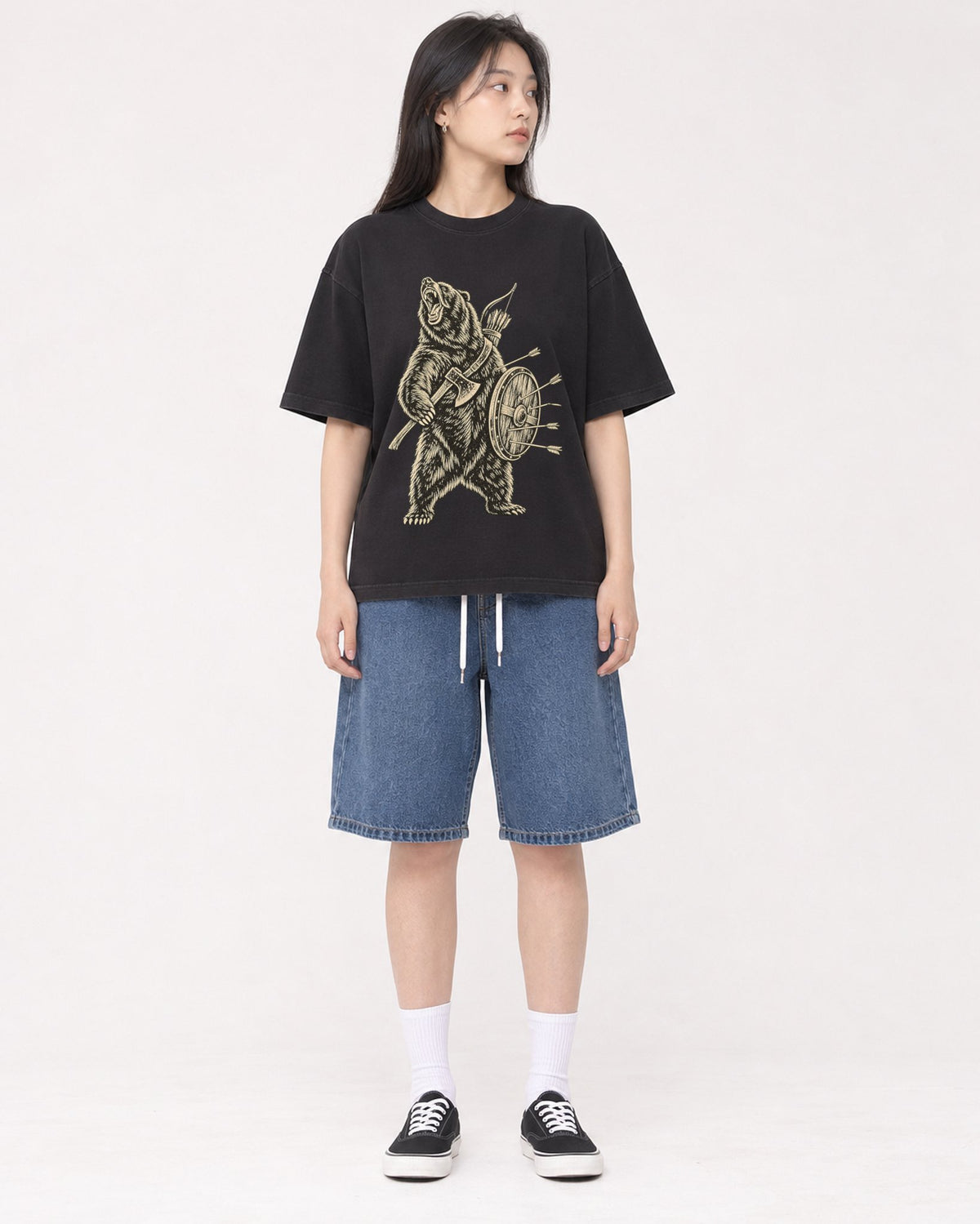 Mockup Boxy Heavyweight Tee Black female full-body 01