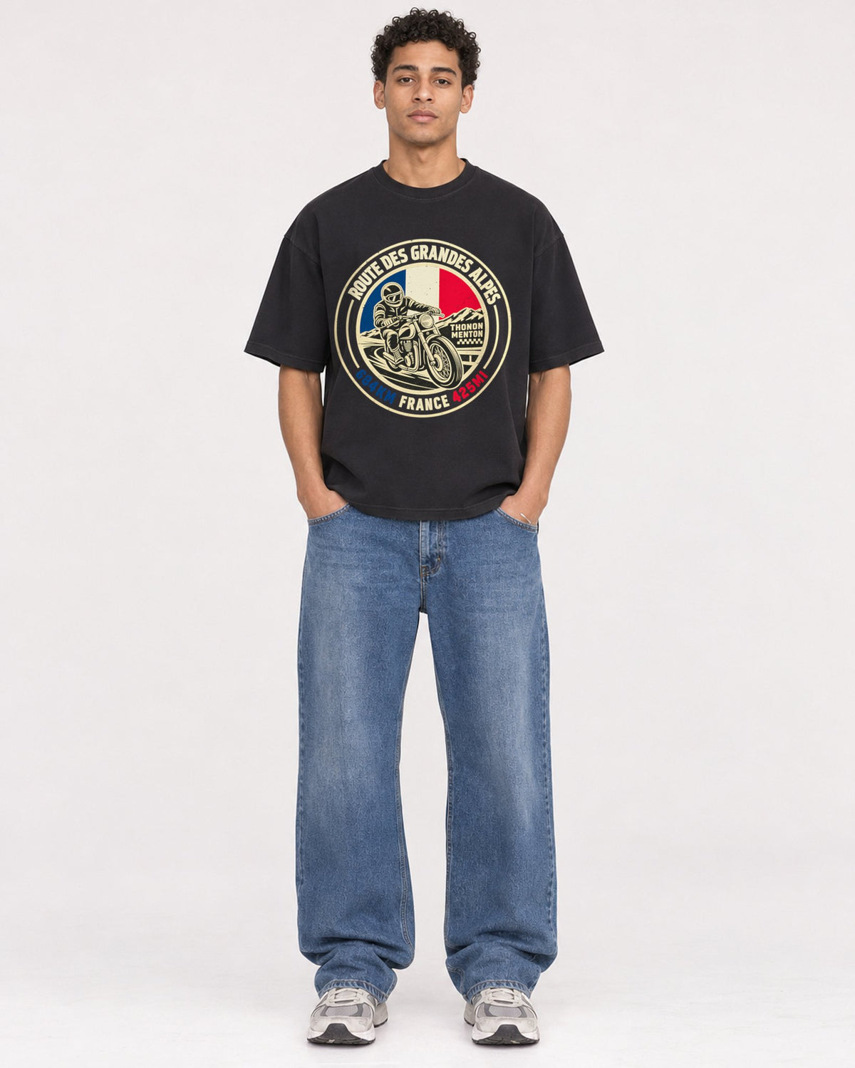 Mockup Boxy Heavyweight Tee Black male full-body 10