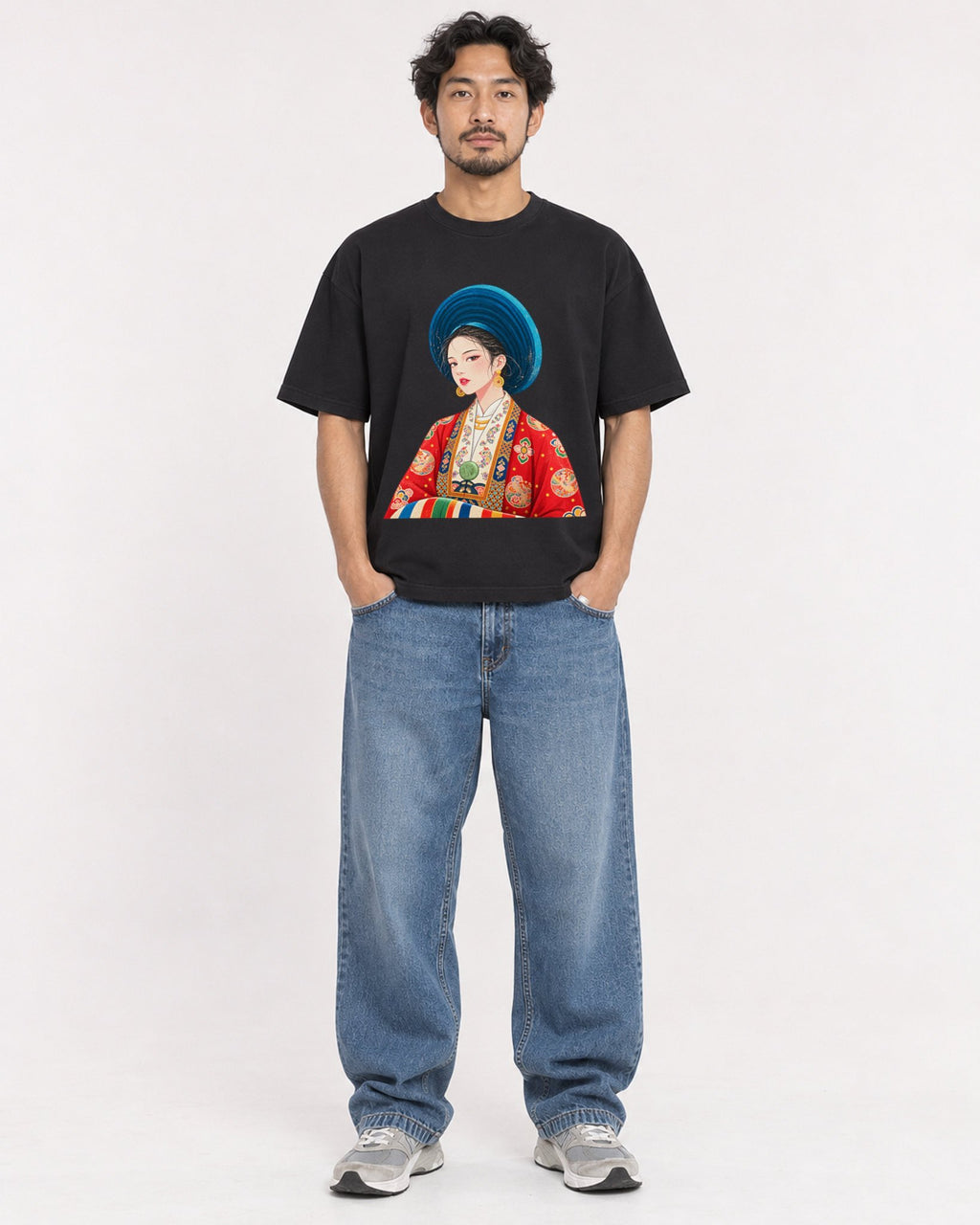 Mockup Boxy Heavyweight Tee Black male full-body 02