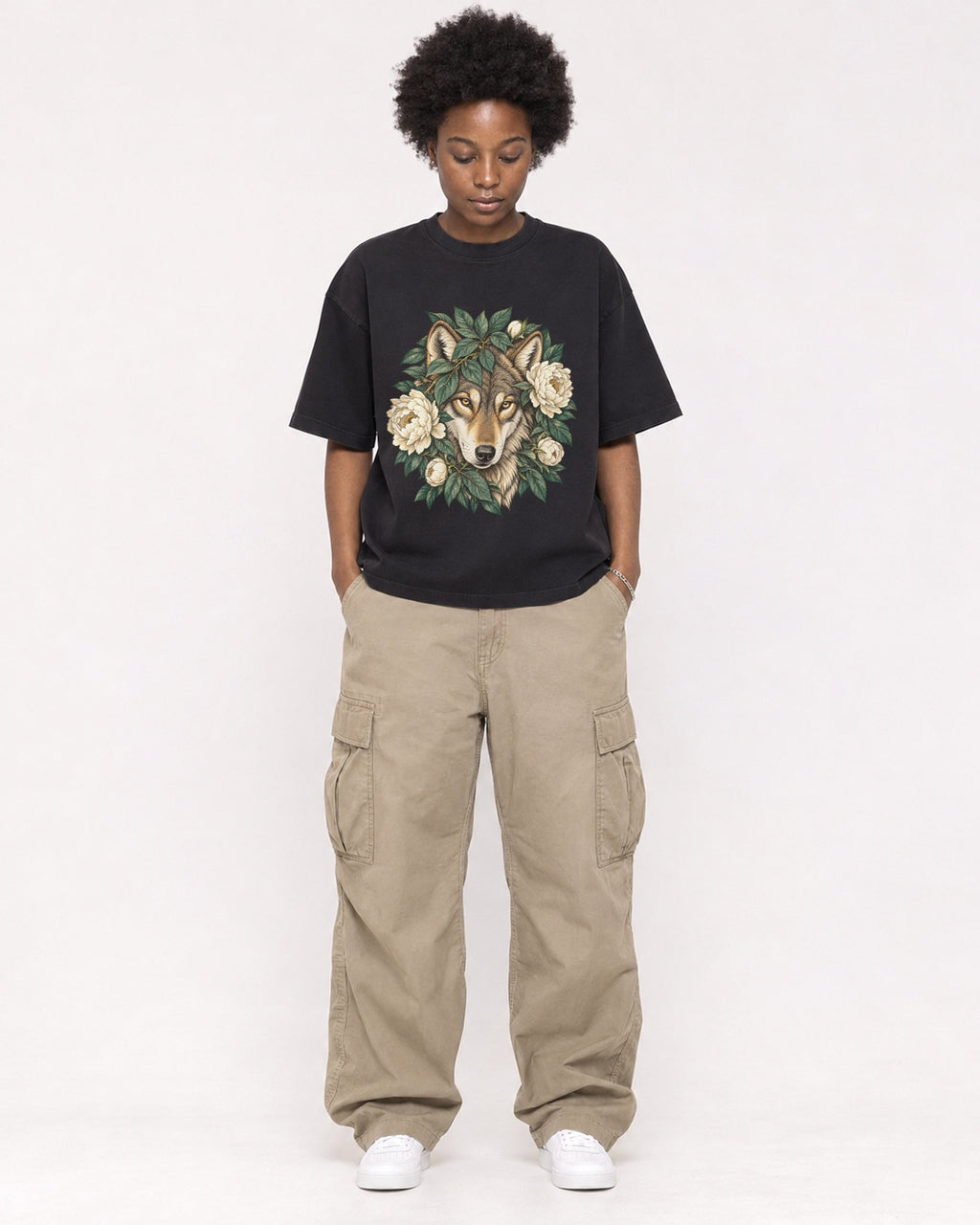 Mockup Boxy Heavyweight Tee Black female full-body 14