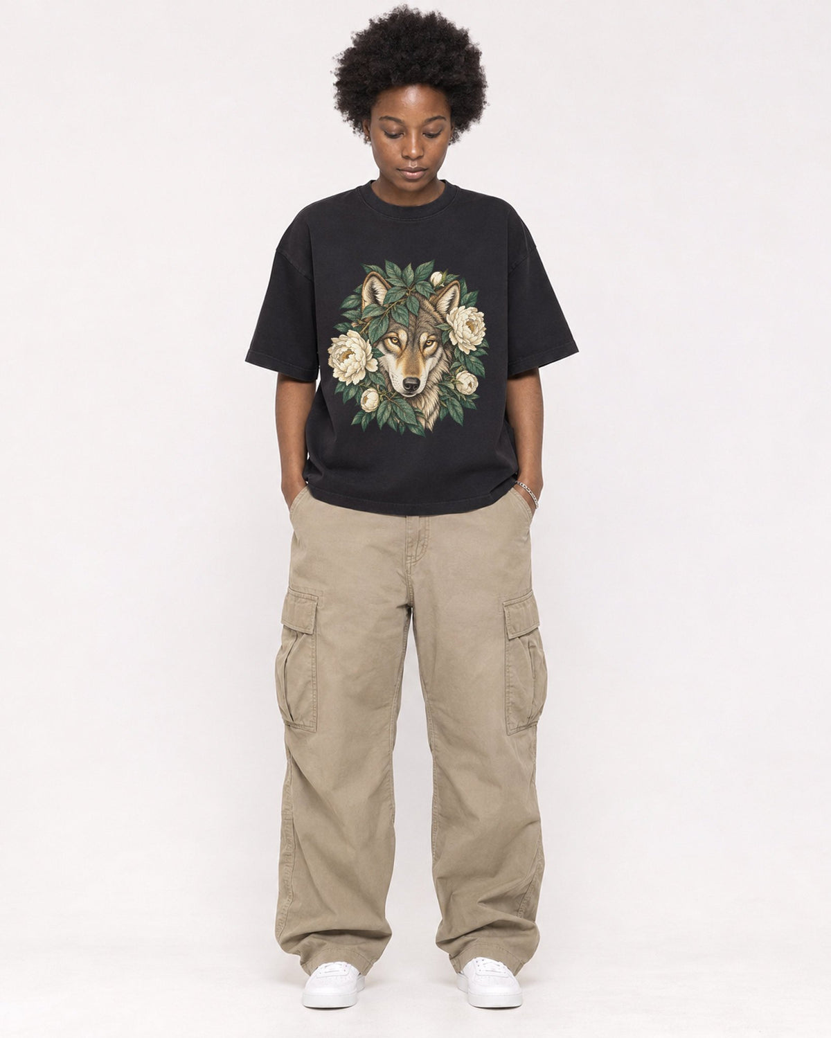 Mockup Boxy Heavyweight Tee Black female full-body 14