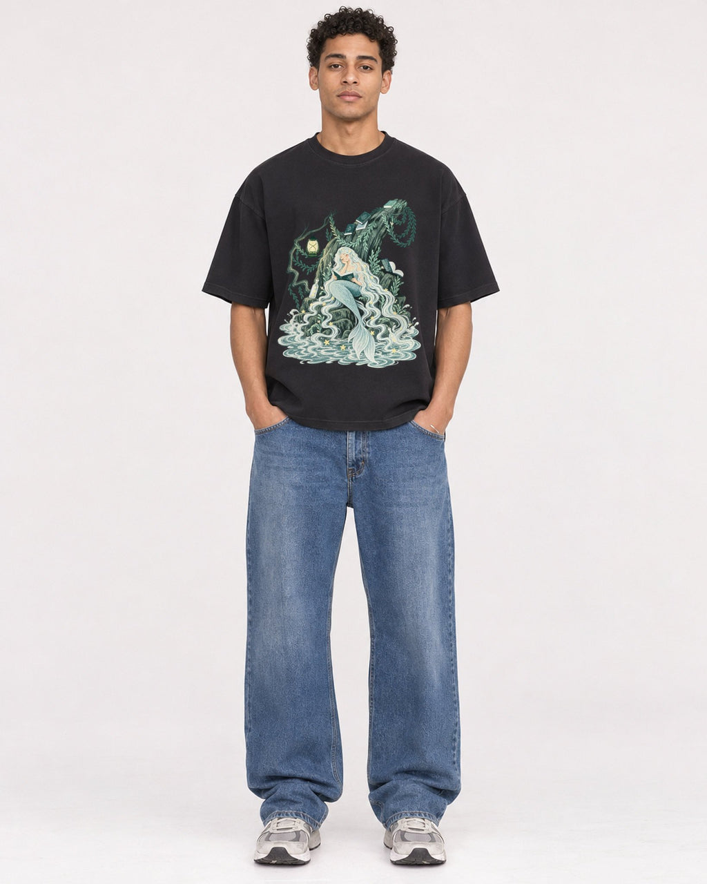 Mockup Boxy Heavyweight Tee Black male full-body 10