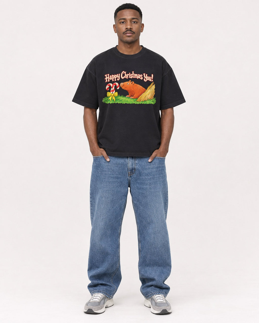 Mockup Boxy Heavyweight Tee Black male full-body 14