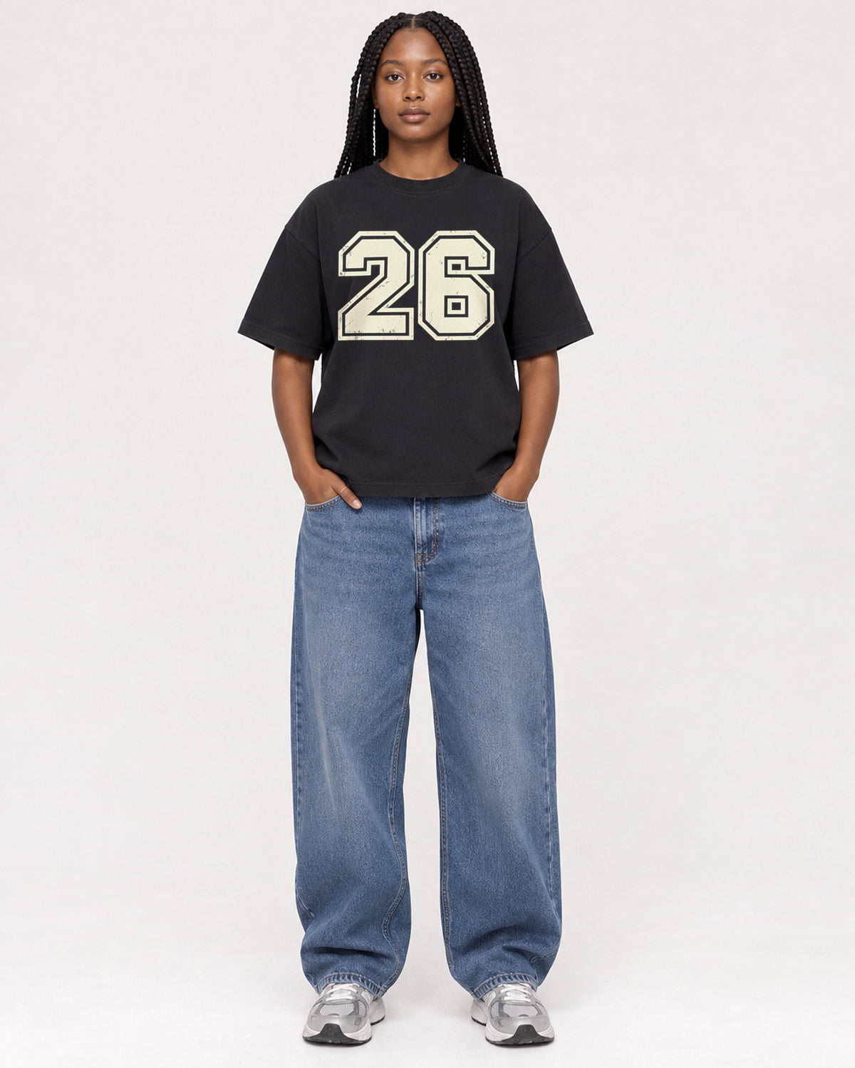 Mockup Boxy Heavyweight Tee Black female full-body 04
