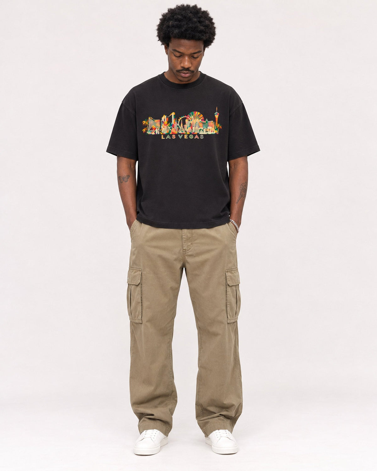 Mockup Boxy Heavyweight Tee Black male full-body 24