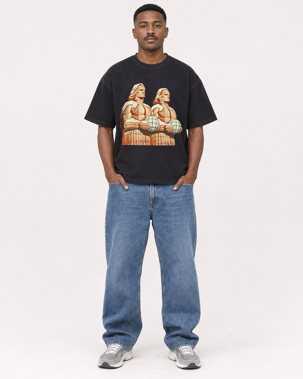 Mockup Boxy Heavyweight Tee Black male full-body 14