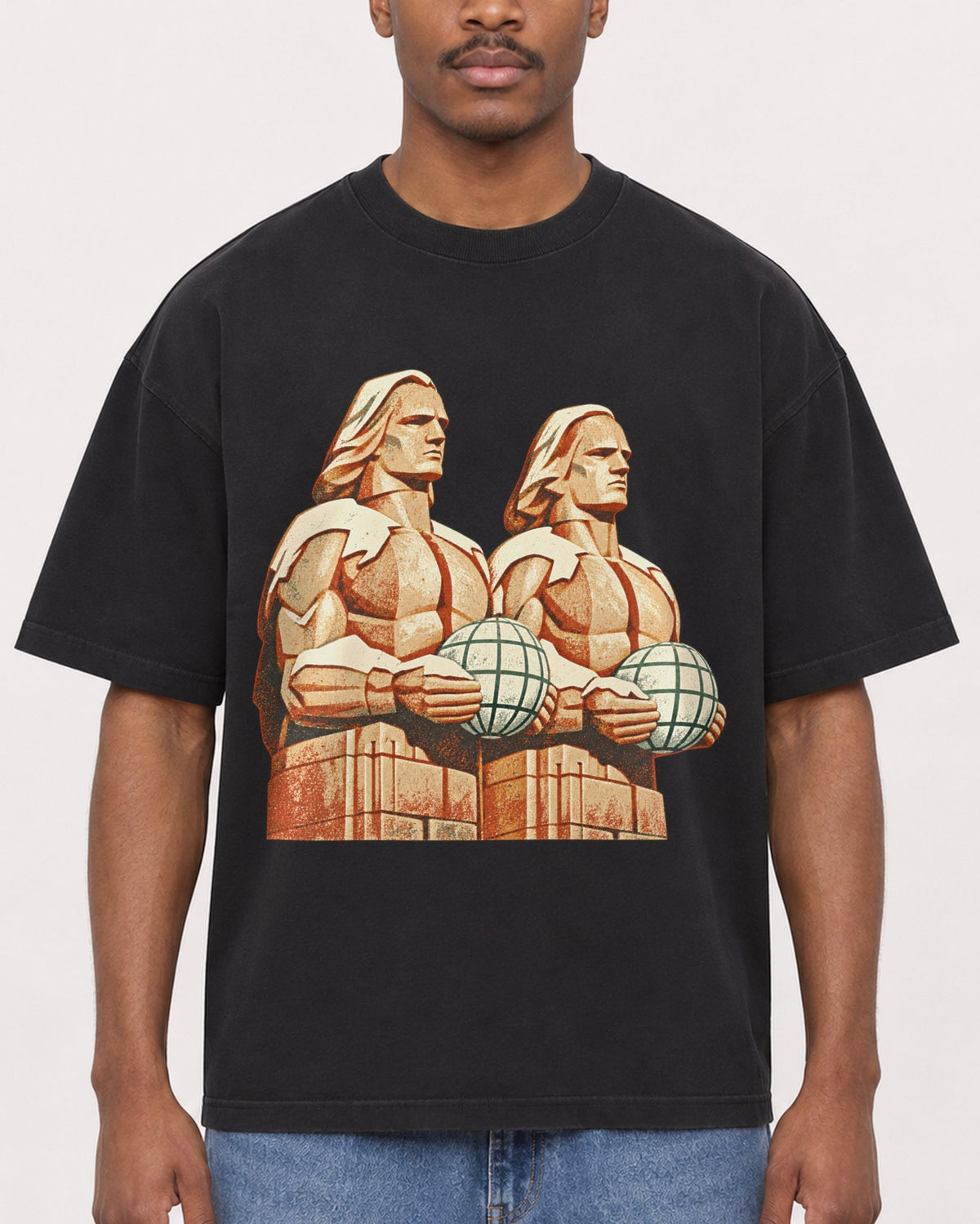 Mockup Boxy Heavyweight Tee Black male close-up 14