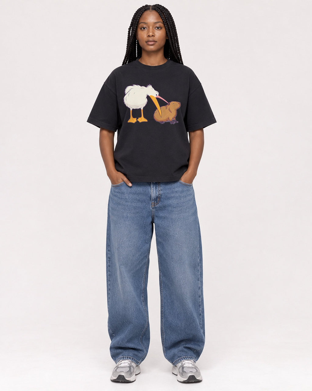 Mockup Boxy Heavyweight Tee Black female full-body 04