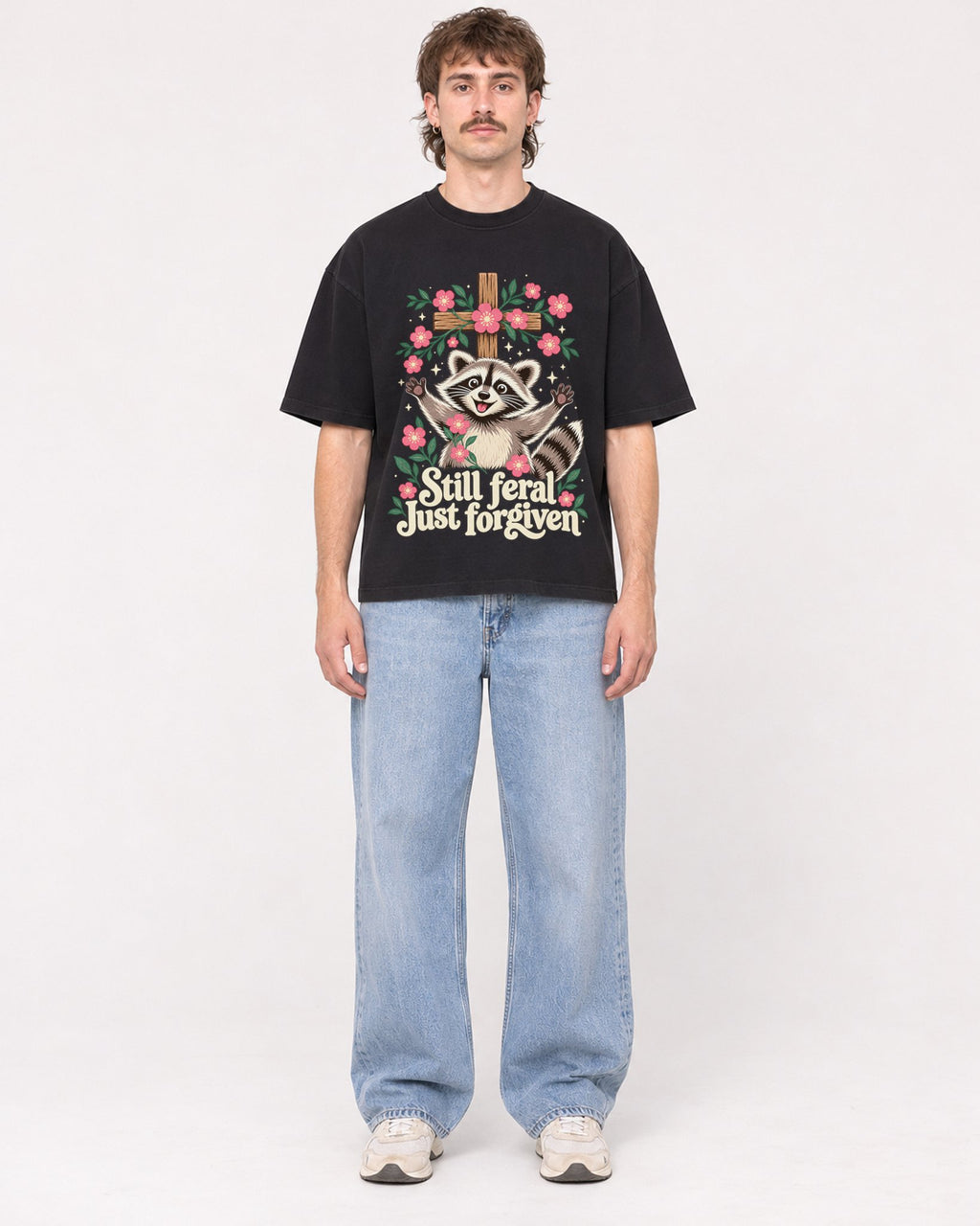 Mockup Boxy Heavyweight Tee Black male full-body 29