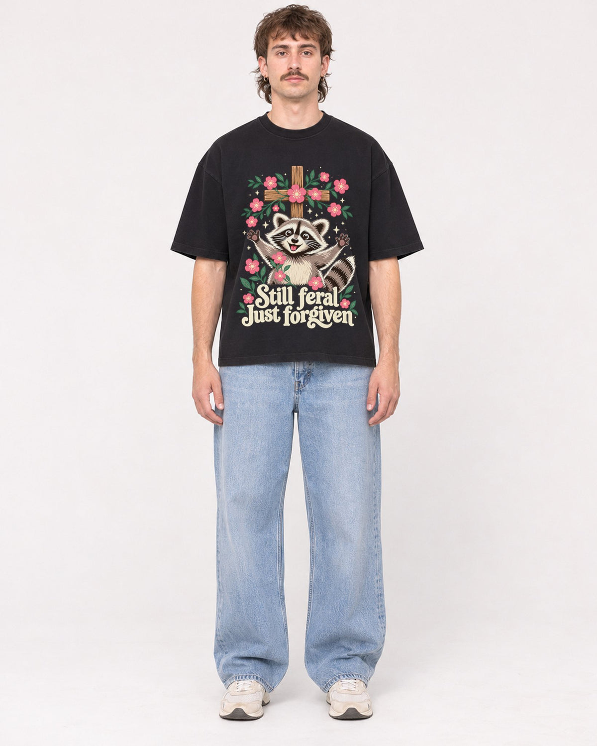 Mockup Boxy Heavyweight Tee Black male full-body 29