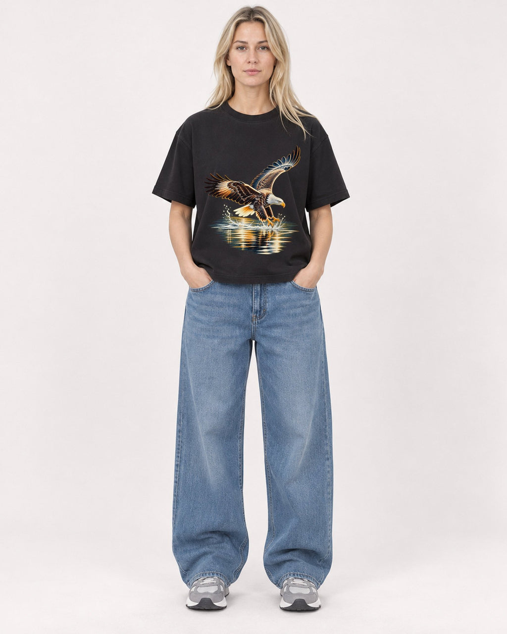 Mockup Boxy Heavyweight Tee Black female full-body 08
