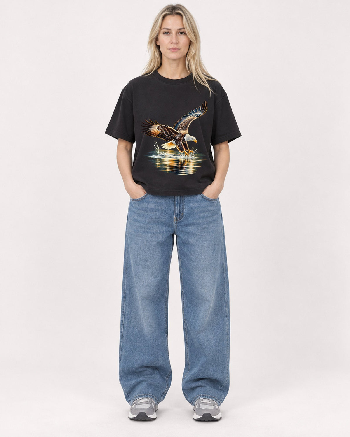 Mockup Boxy Heavyweight Tee Black female full-body 08