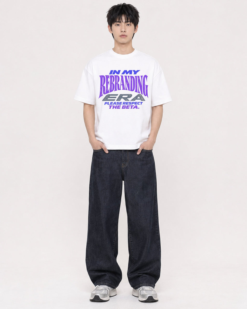Mockup Boxy Heavyweight Tee White male full-body 01