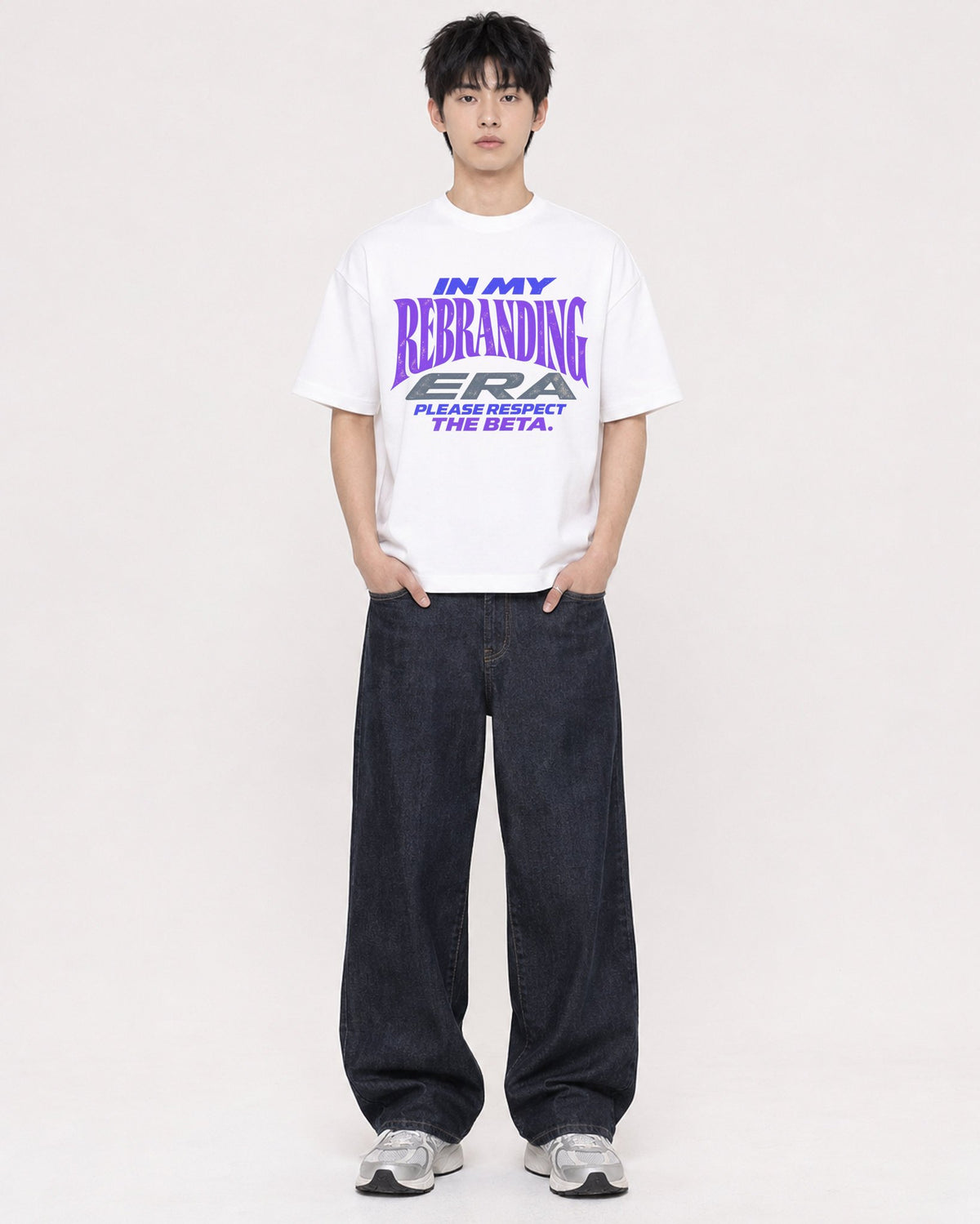 Mockup Boxy Heavyweight Tee White male full-body 01