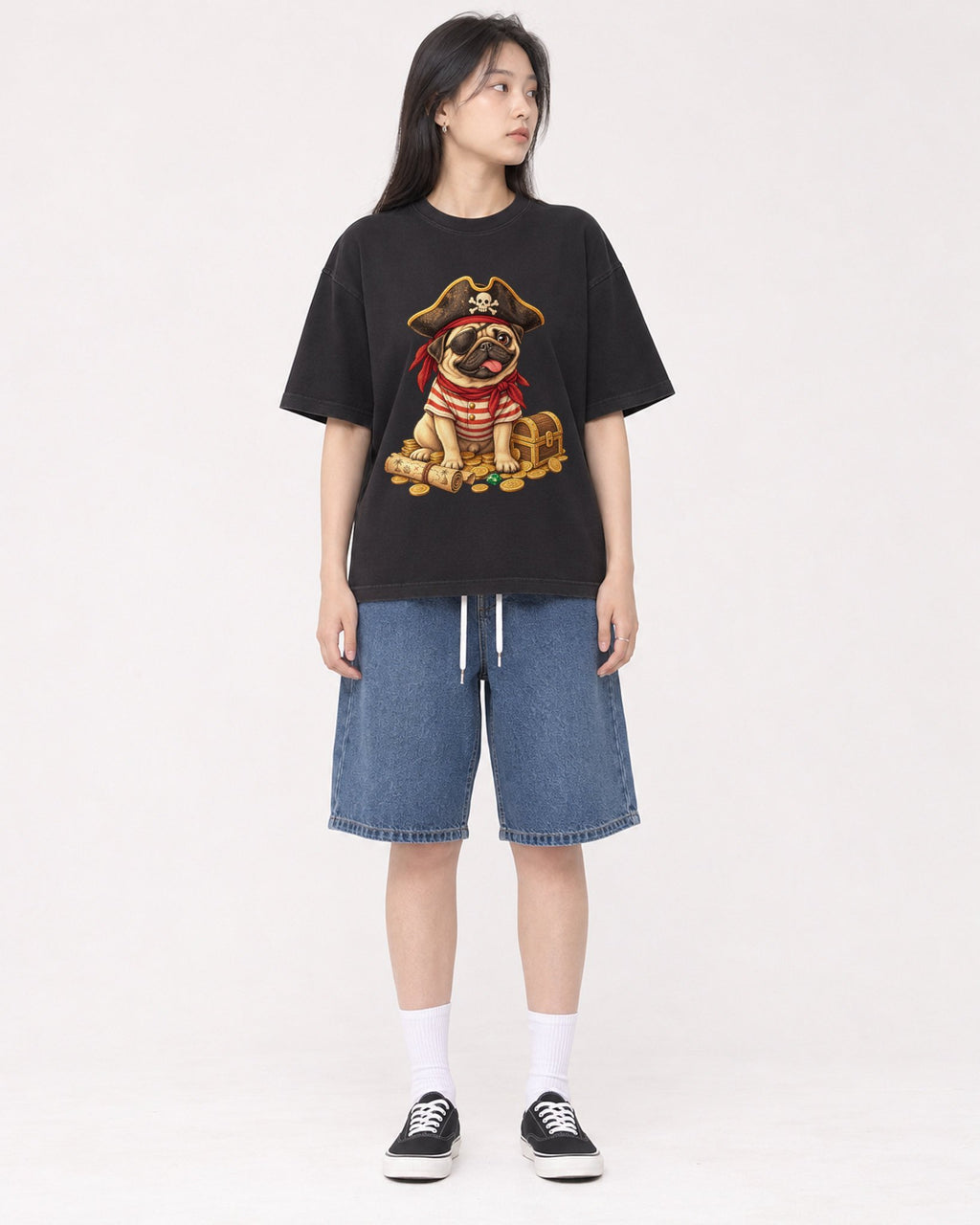 Mockup Boxy Heavyweight Tee Black female full-body 01