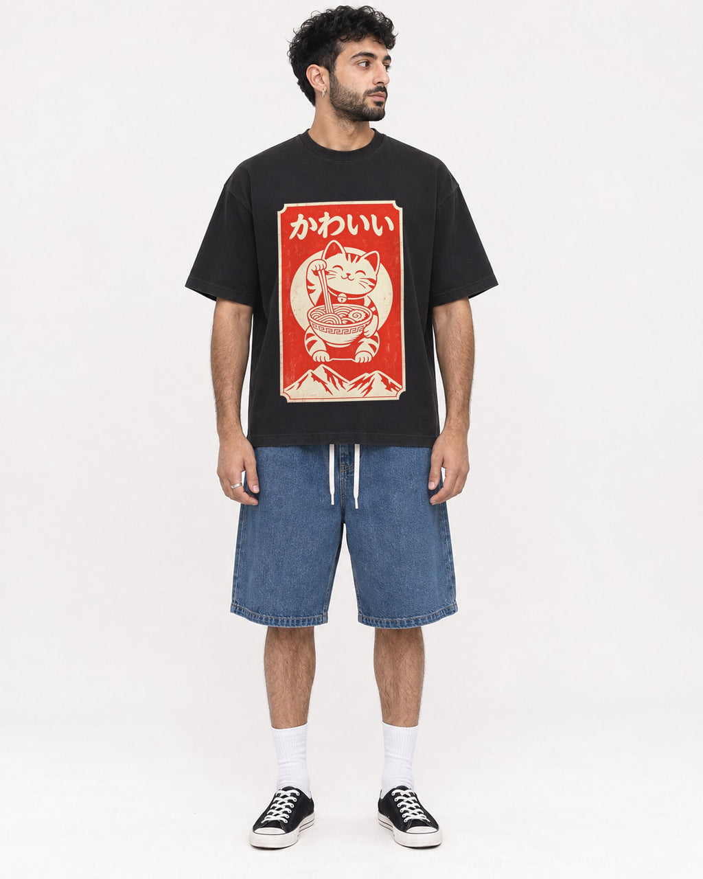 Mockup Boxy Heavyweight Tee Black male full-body 07