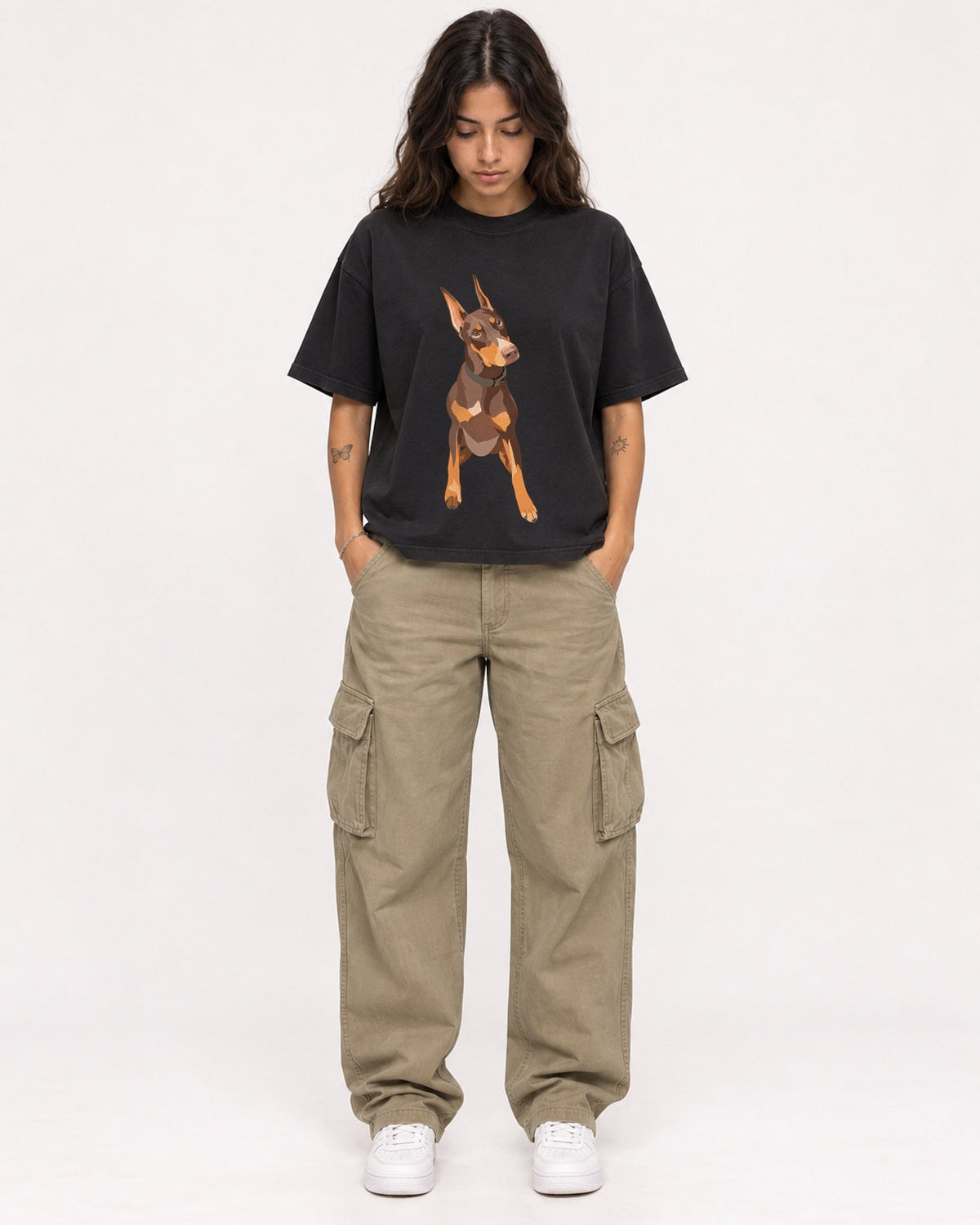 Mockup Boxy Heavyweight Tee Black female full-body 06