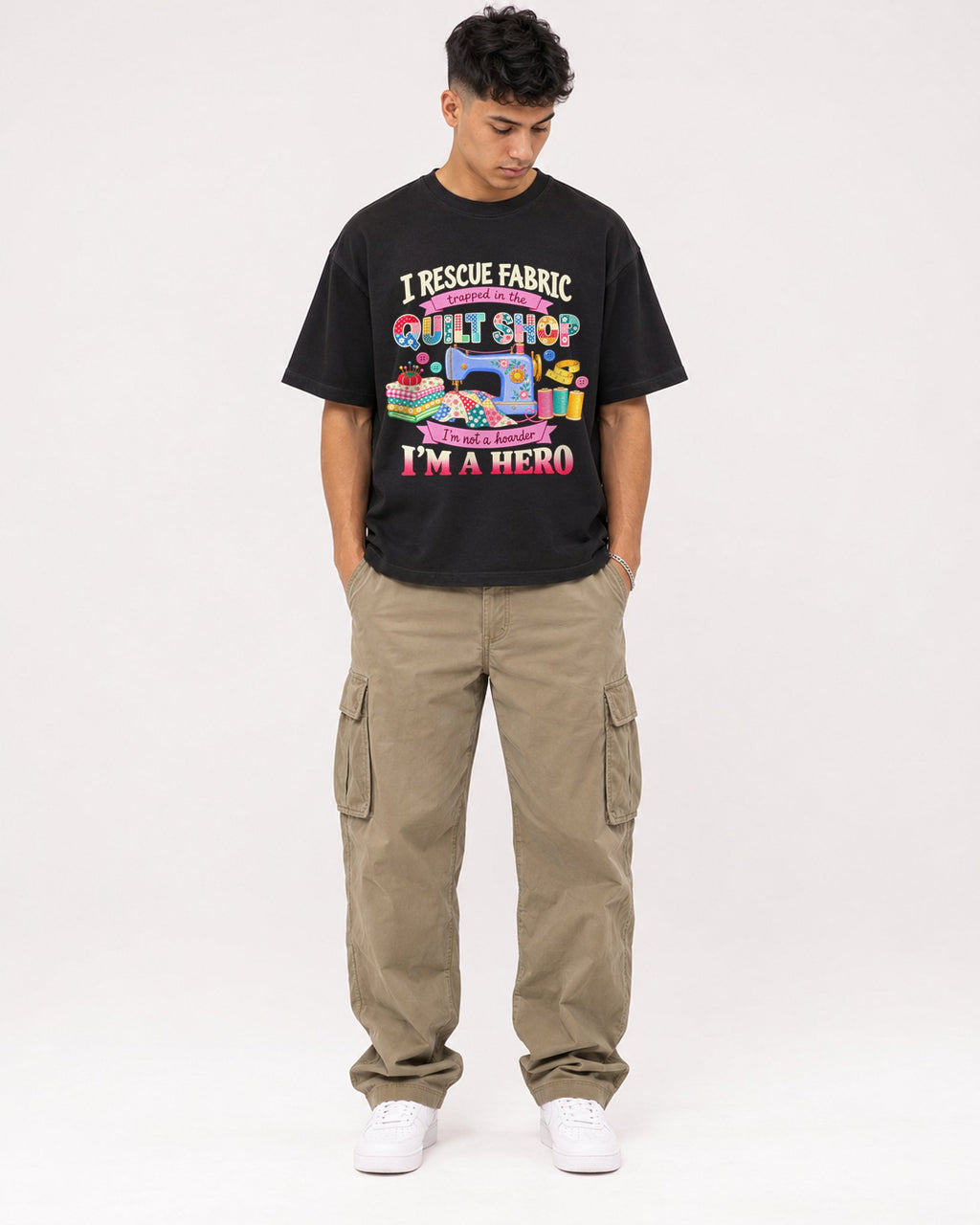 Mockup Boxy Heavyweight Tee Black male full-body 16