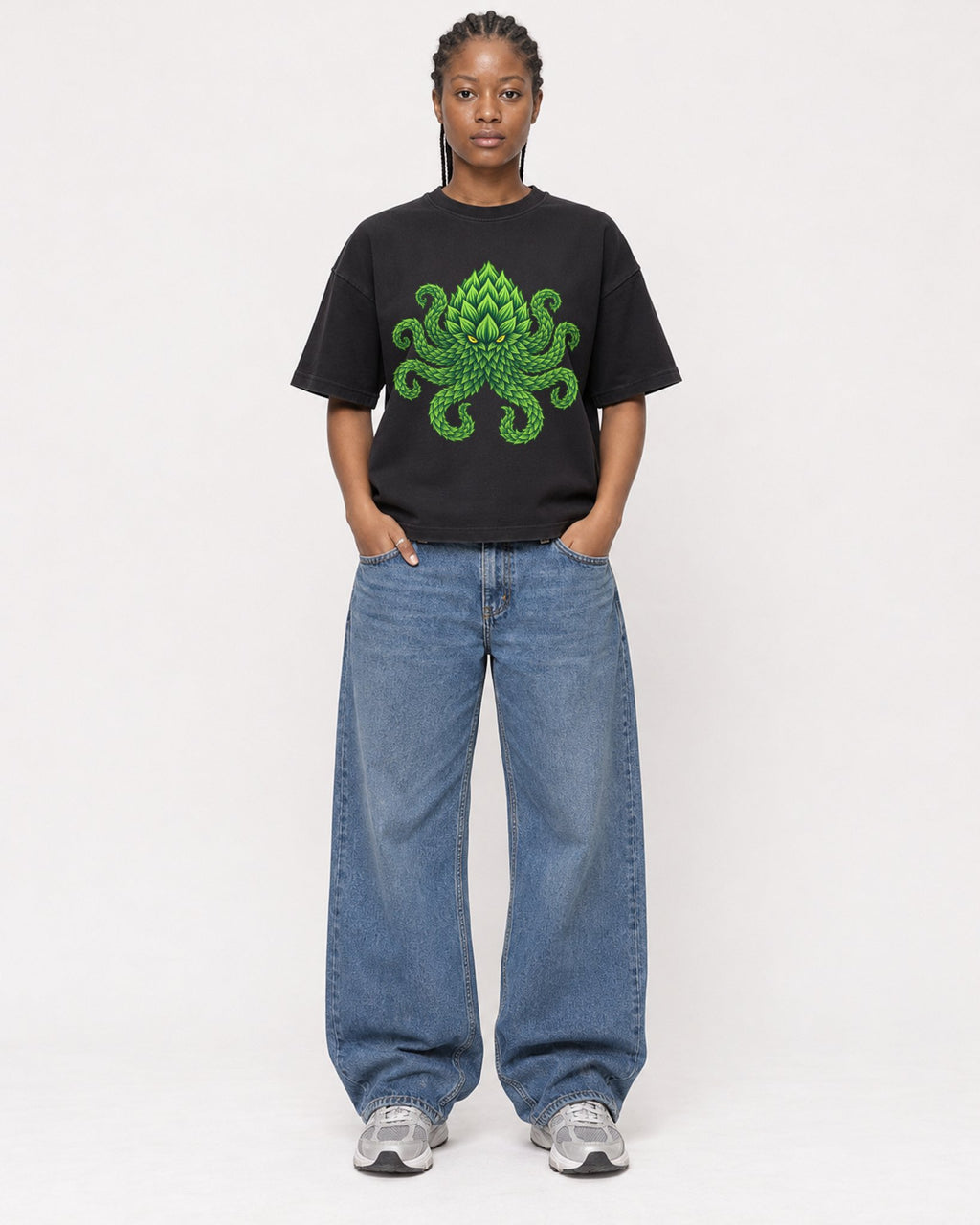 Mockup Boxy Heavyweight Tee Black female full-body 44