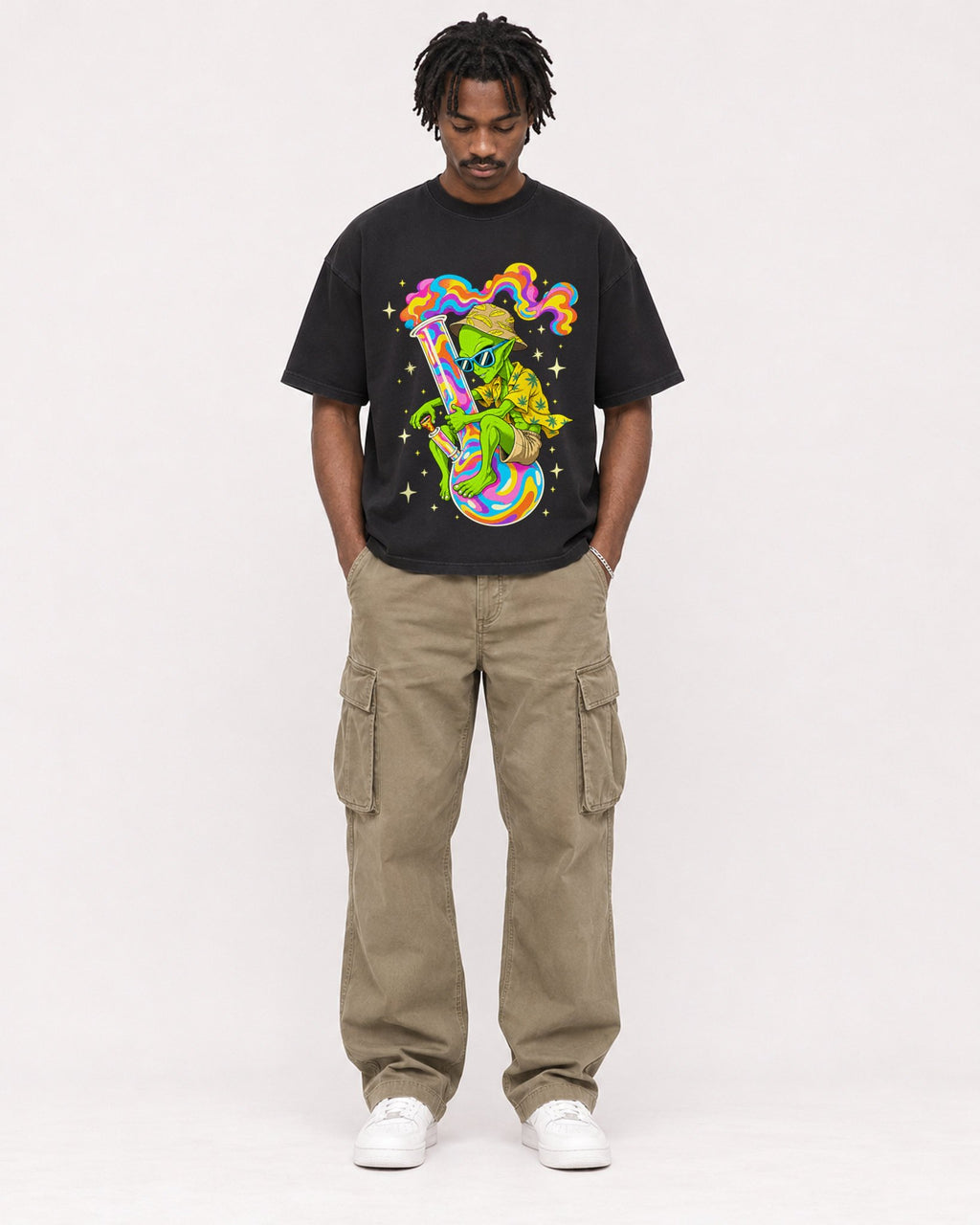 Mockup Boxy Heavyweight Tee Black male full-body 04