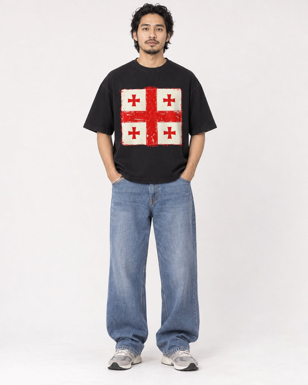 Mockup Boxy Heavyweight Tee Black male full-body 22