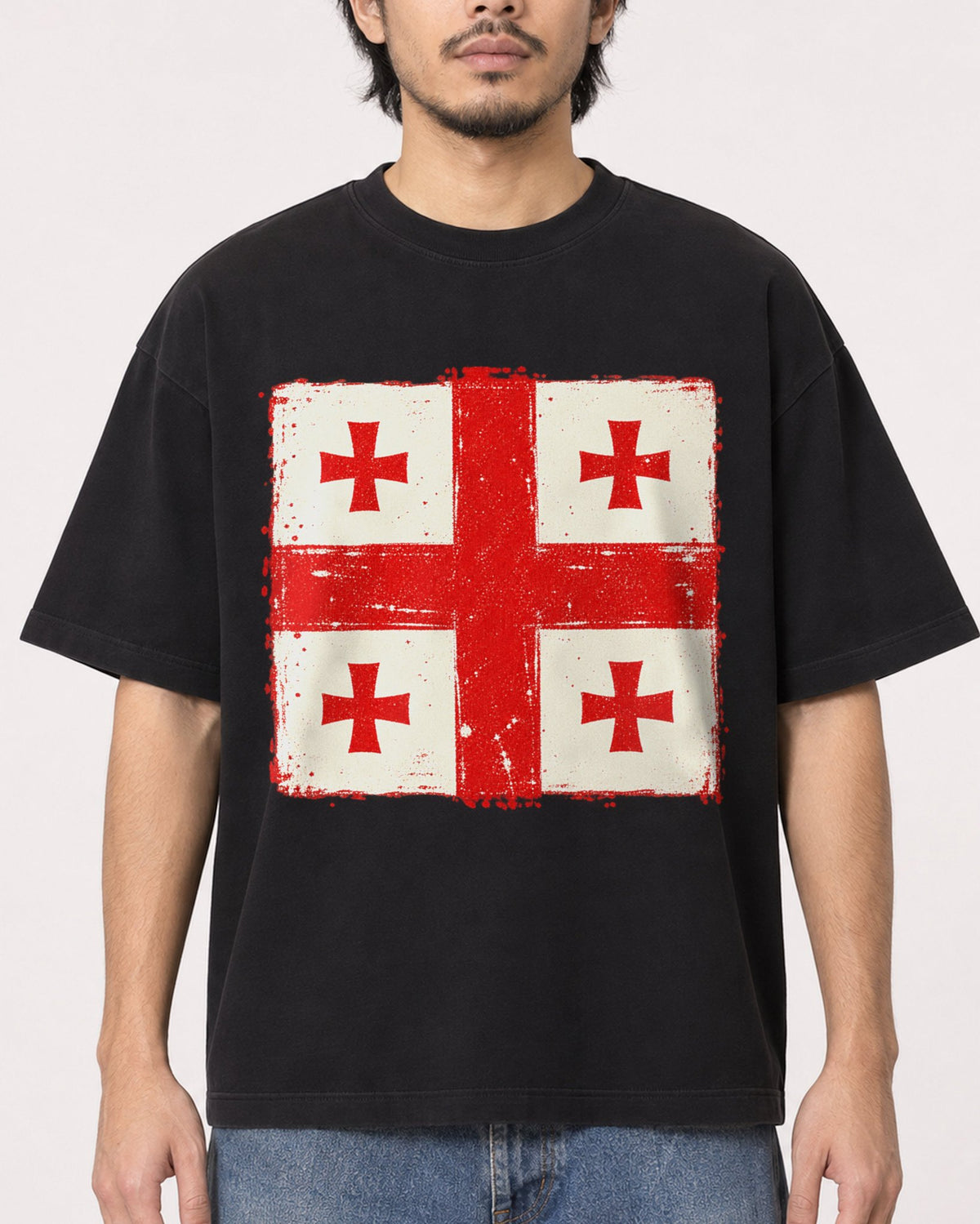 Mockup Boxy Heavyweight Tee Black male close-up 22