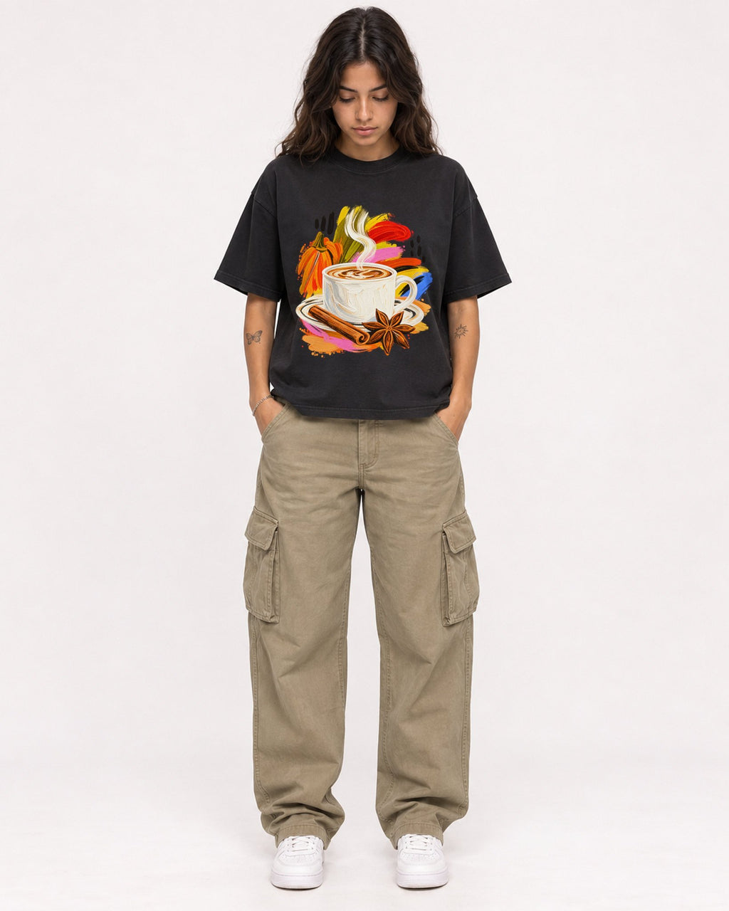 Mockup Boxy Heavyweight Tee Black female full-body 06