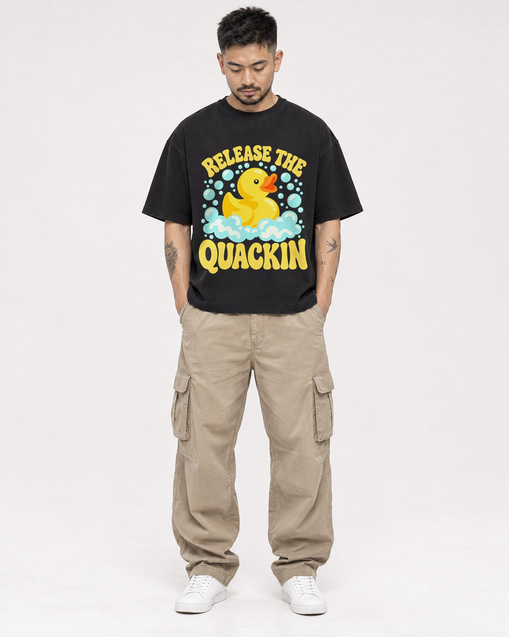 Mockup Boxy Heavyweight Tee Black male full-body 12