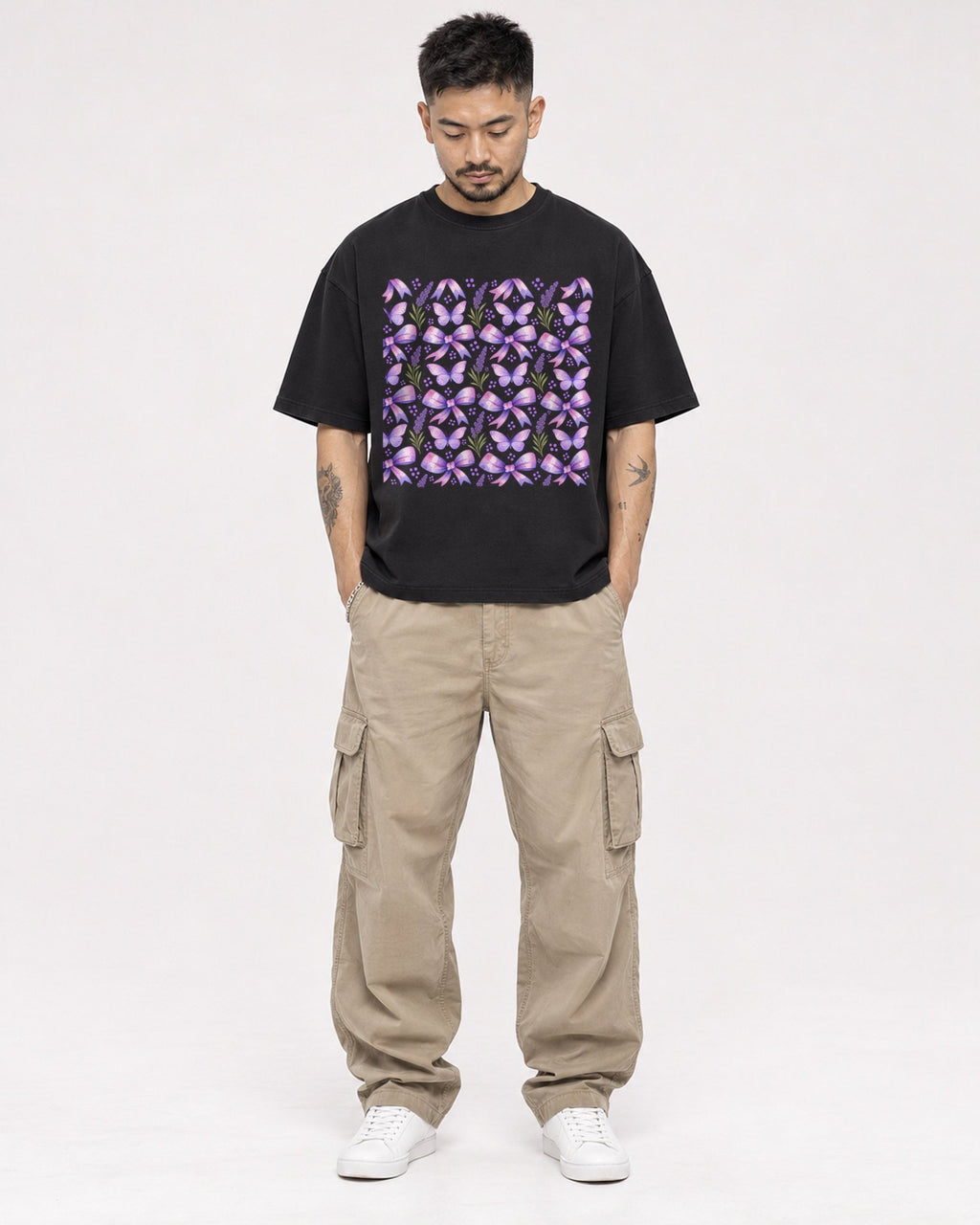Mockup Boxy Heavyweight Tee Black male full-body 12