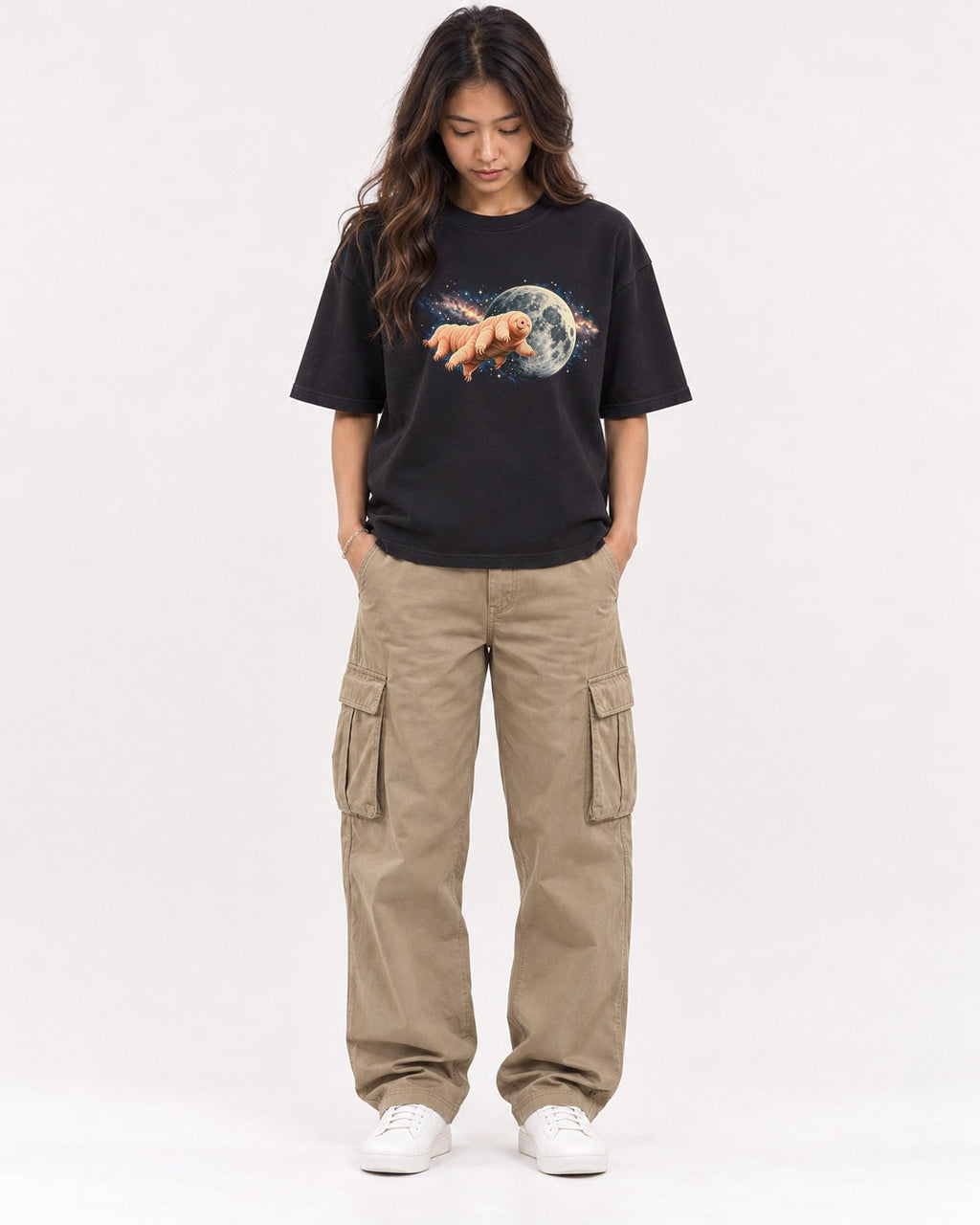 Mockup Boxy Heavyweight Tee Black female full-body 02