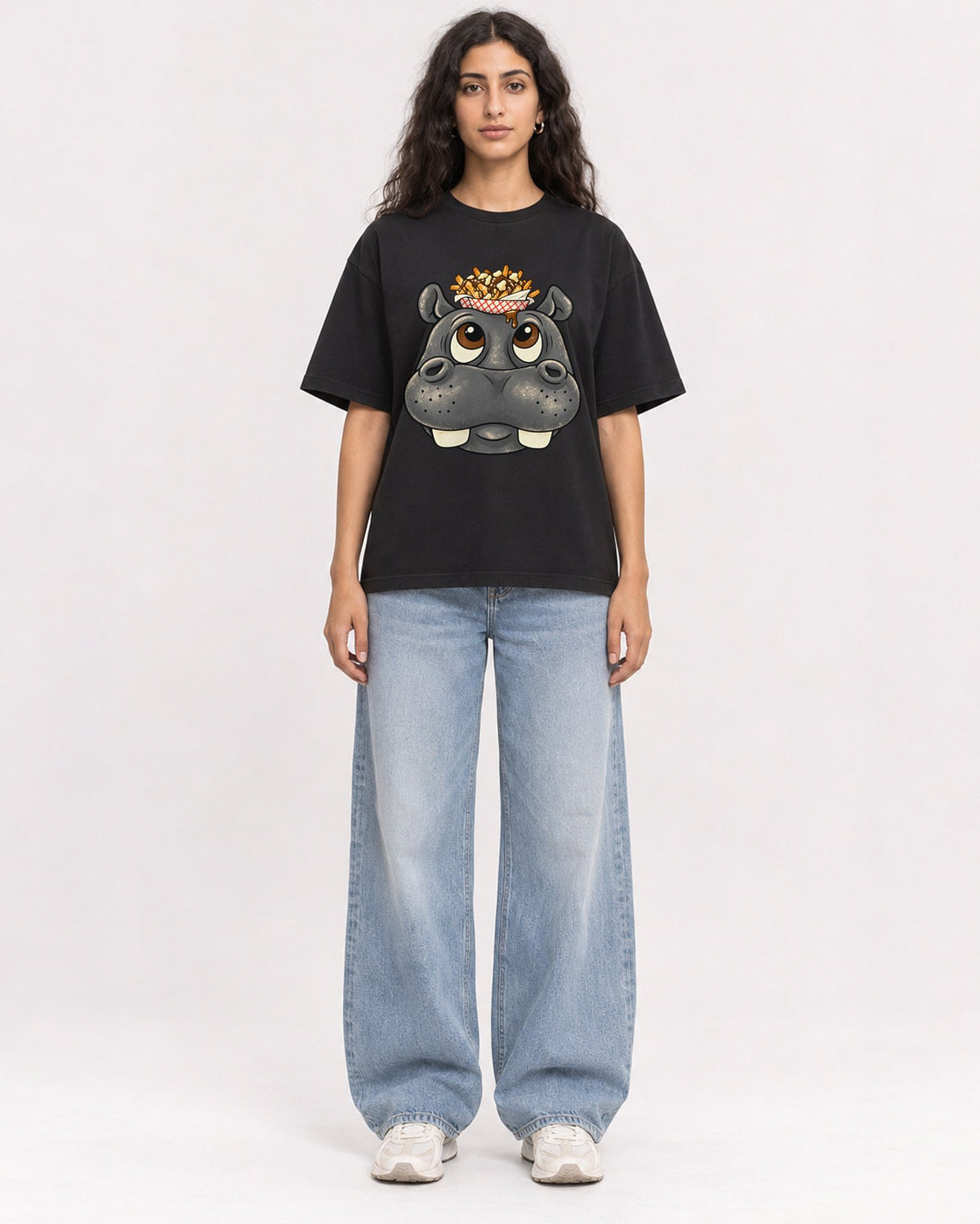 Mockup Boxy Heavyweight Tee Black female full-body 07