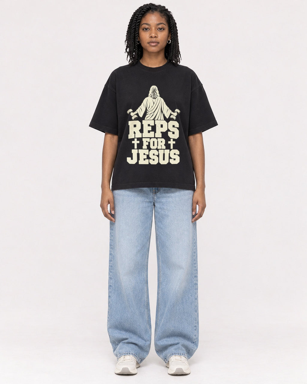 Mockup Boxy Heavyweight Tee Black female full-body 15