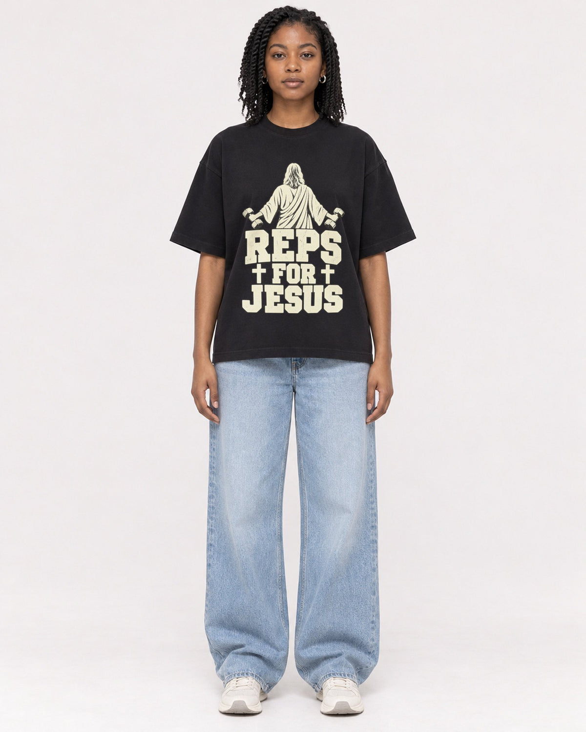 Mockup Boxy Heavyweight Tee Black female full-body 15