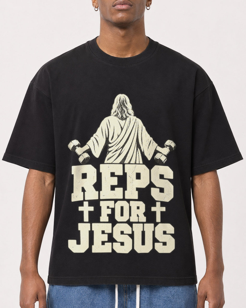 Mockup Boxy Heavyweight Tee Black male close-up 15