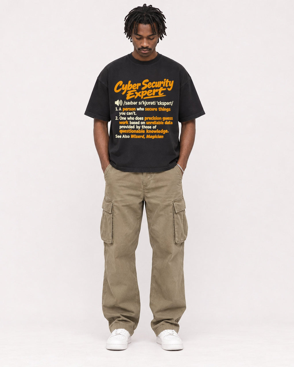 Mockup Boxy Heavyweight Tee Black male full-body 04