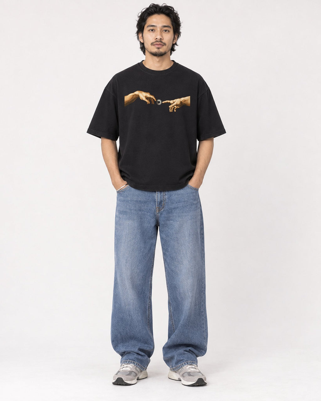 Mockup Boxy Heavyweight Tee Black male full-body 22