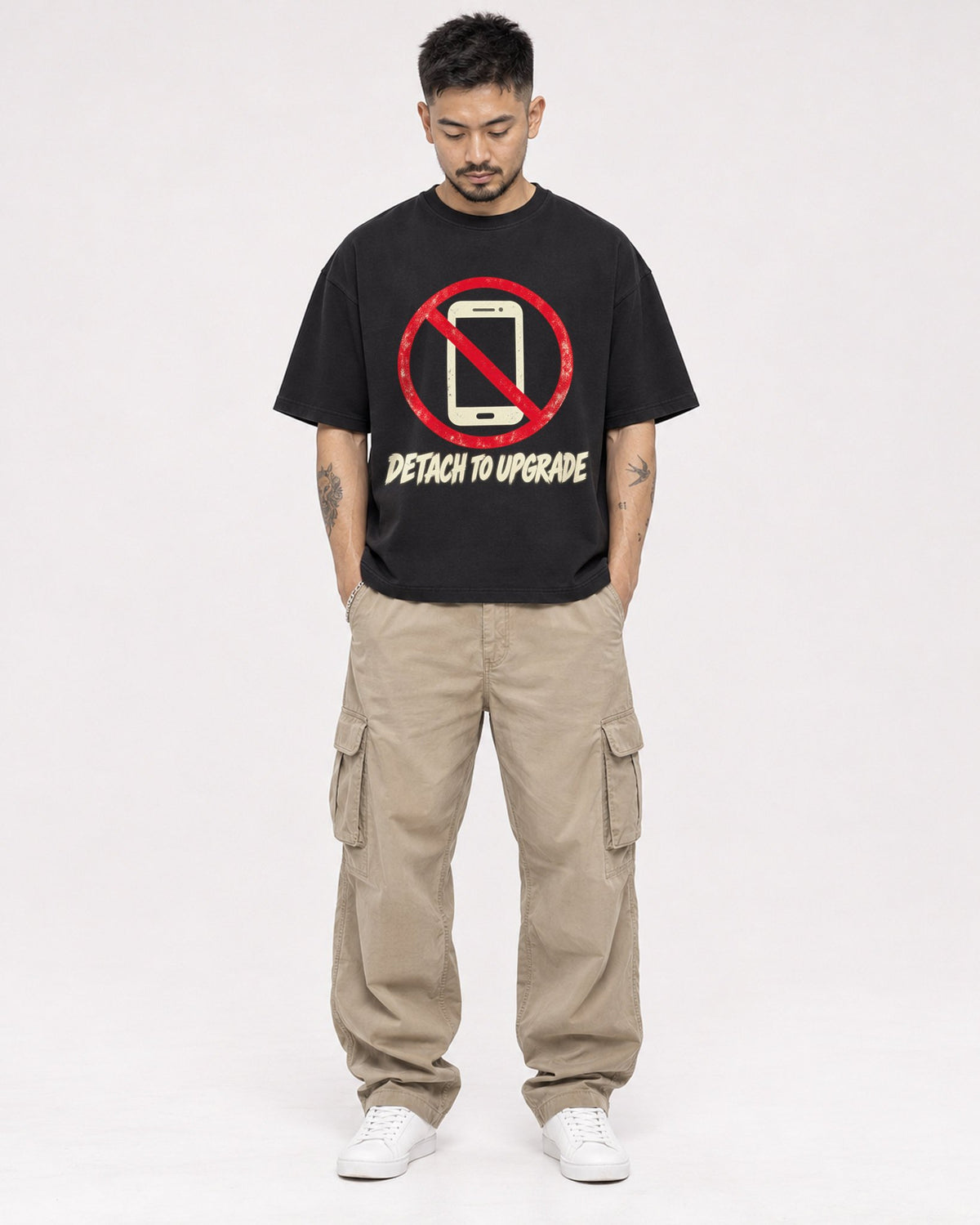 Mockup Boxy Heavyweight Tee Black male full-body 12