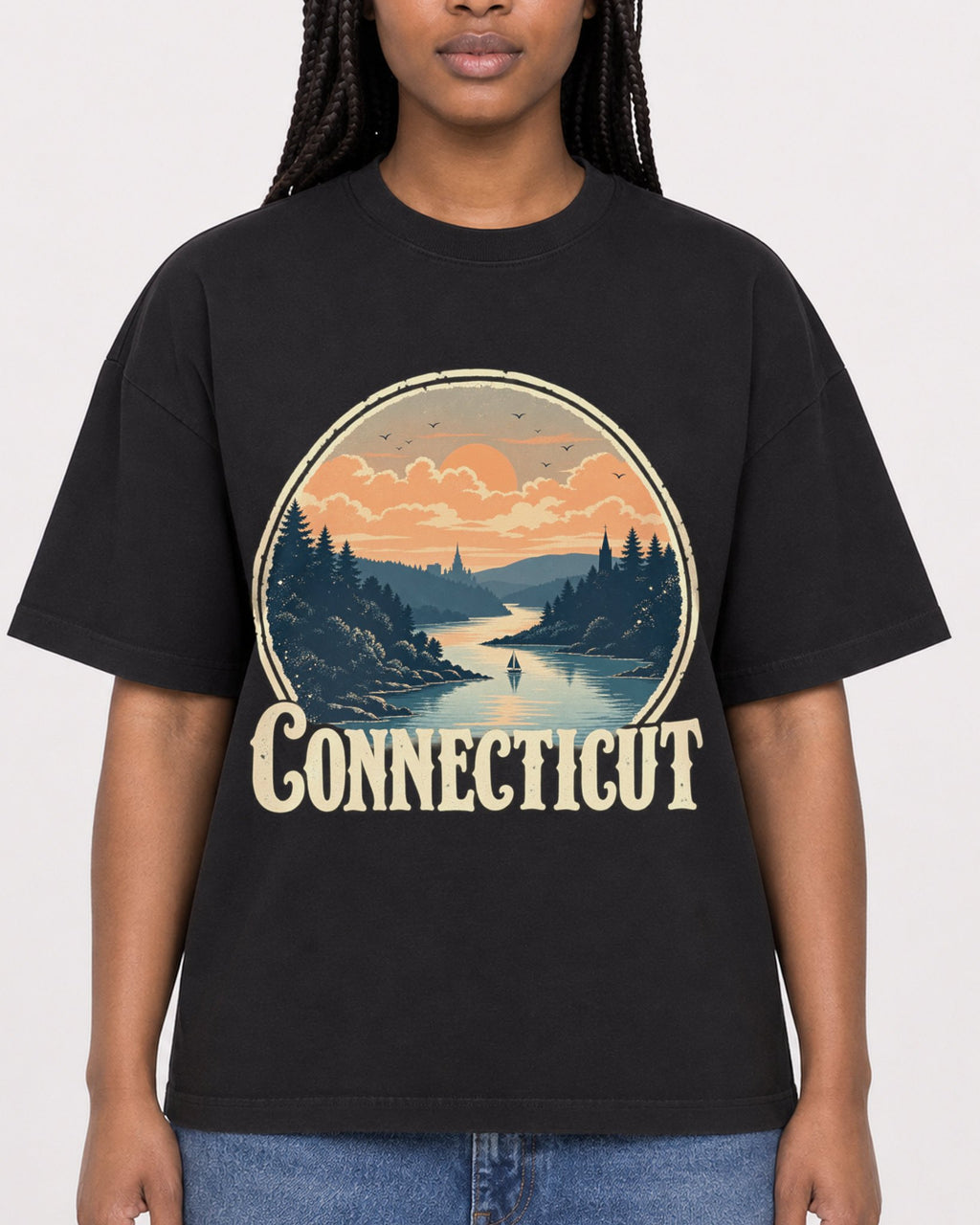 Mockup Boxy Heavyweight Tee Black female close-up 04