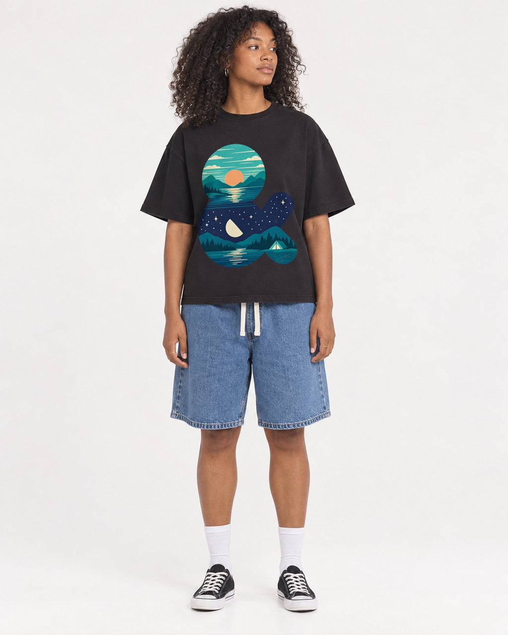 Mockup Boxy Heavyweight Tee Black female full-body 05