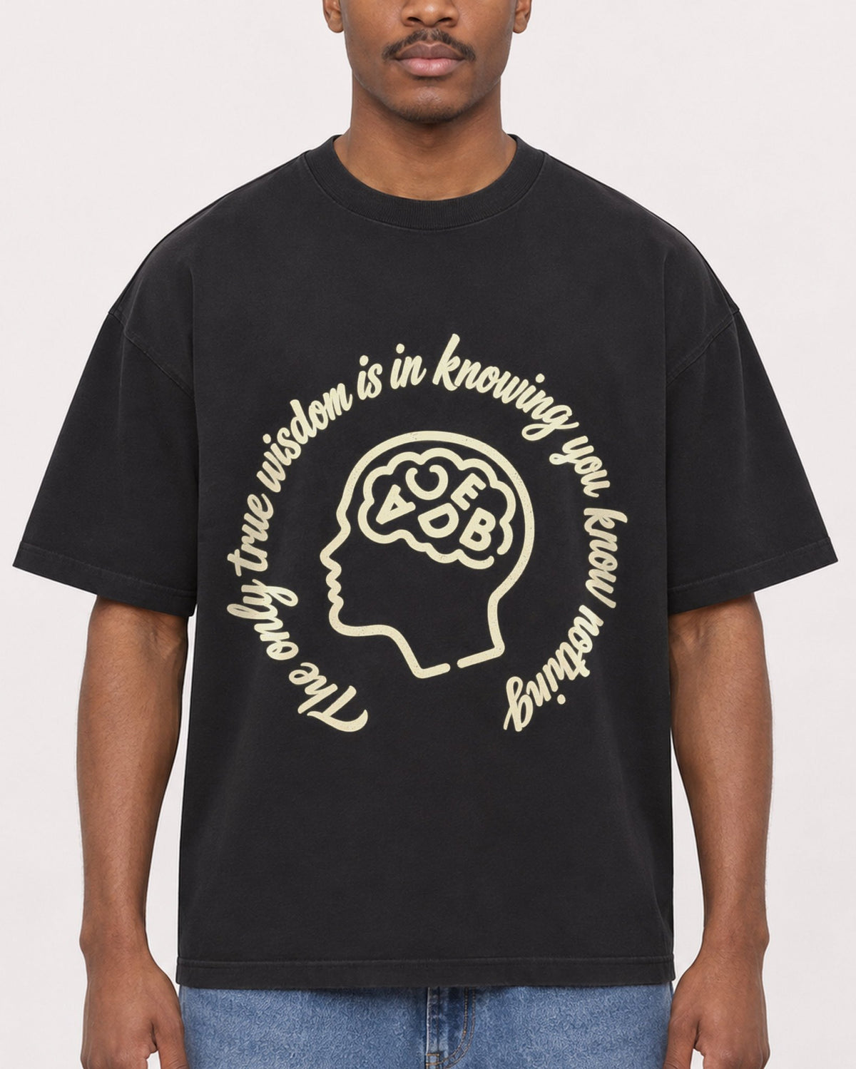 Mockup Boxy Heavyweight Tee Black male close-up 14