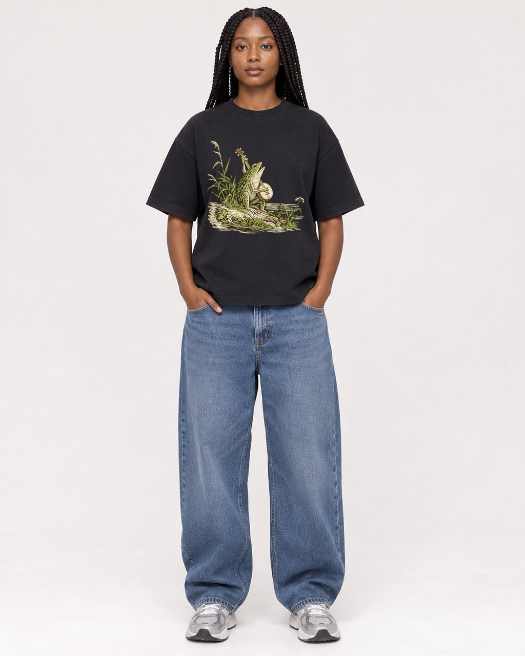 Mockup Boxy Heavyweight Tee Black female full-body 04