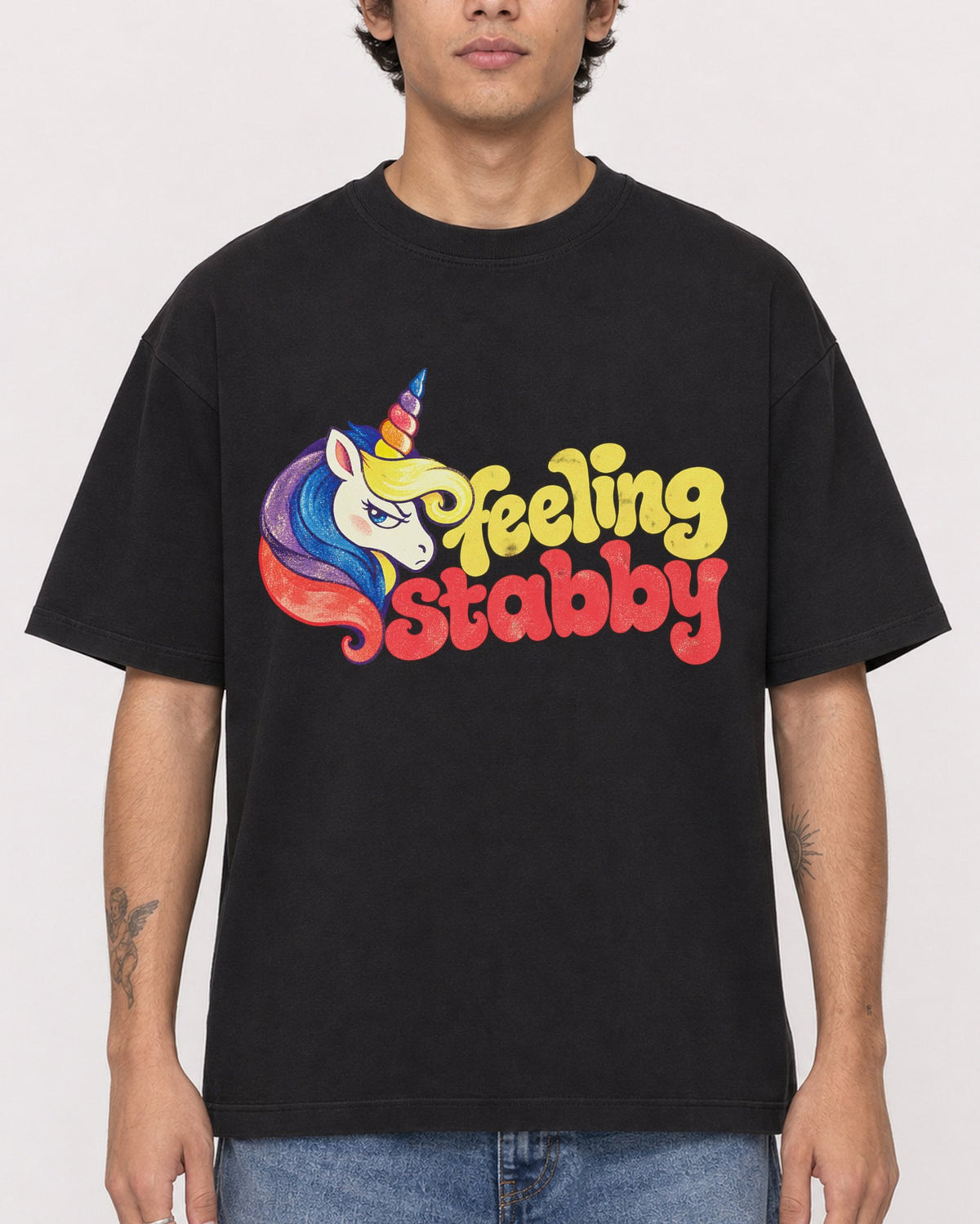 Mockup Boxy Heavyweight Tee Black male close-up 06