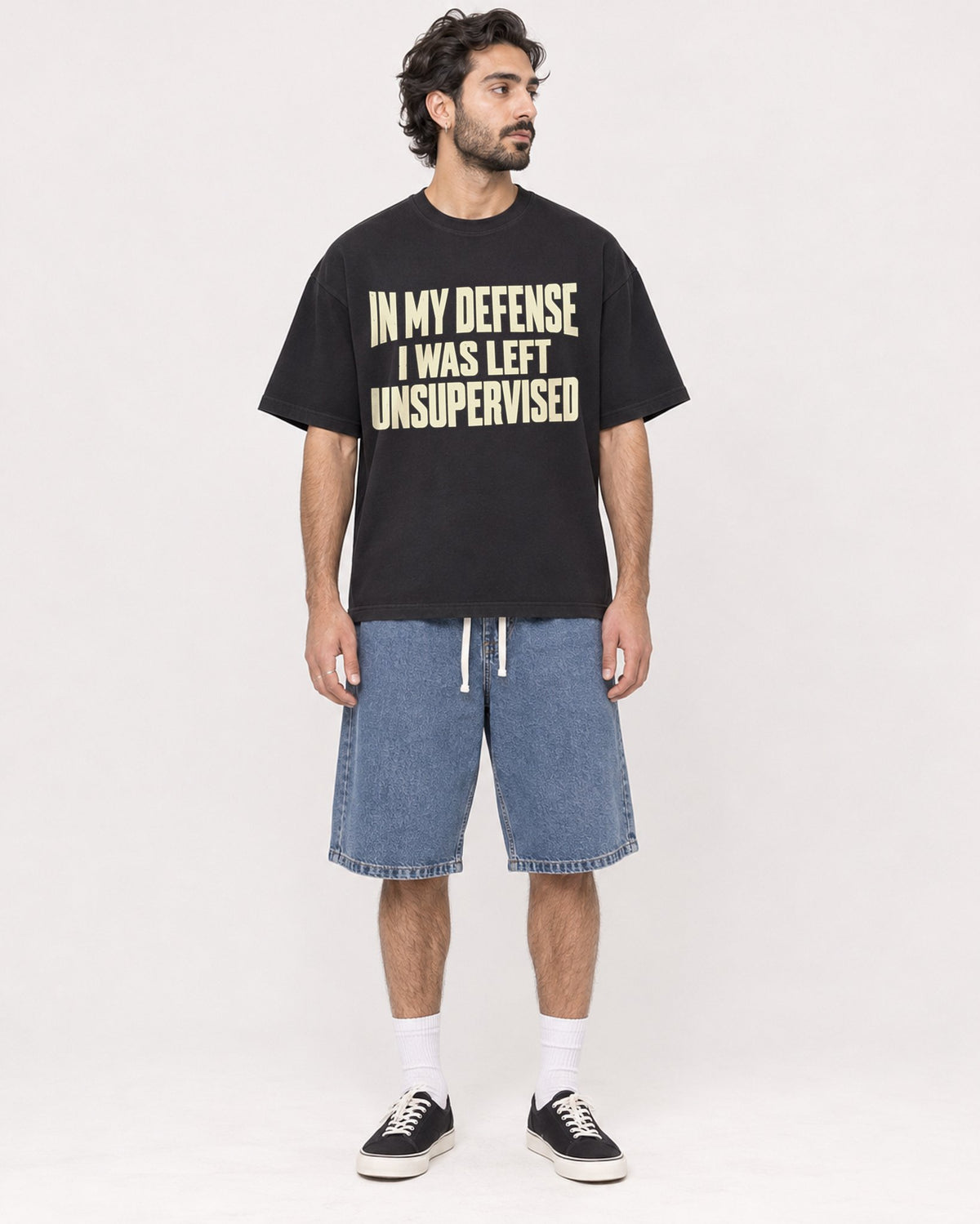 Mockup Boxy Heavyweight Tee Black male full-body 47