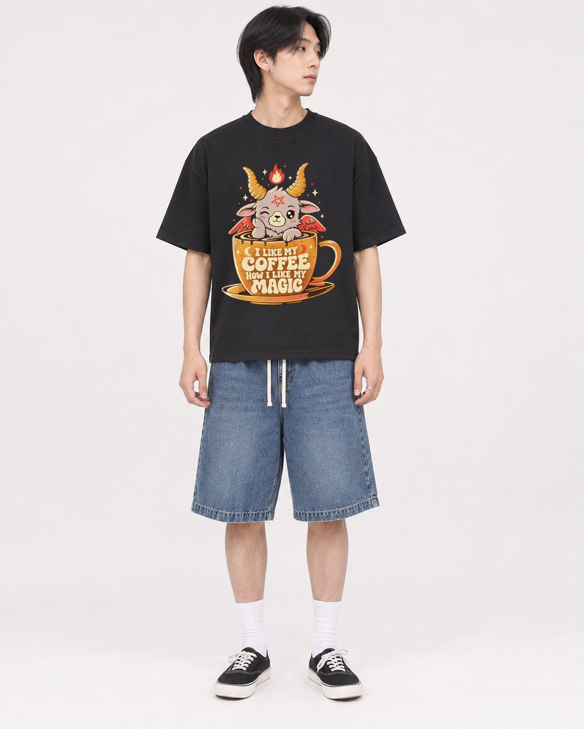 Mockup Boxy Heavyweight Tee Black male full-body 11