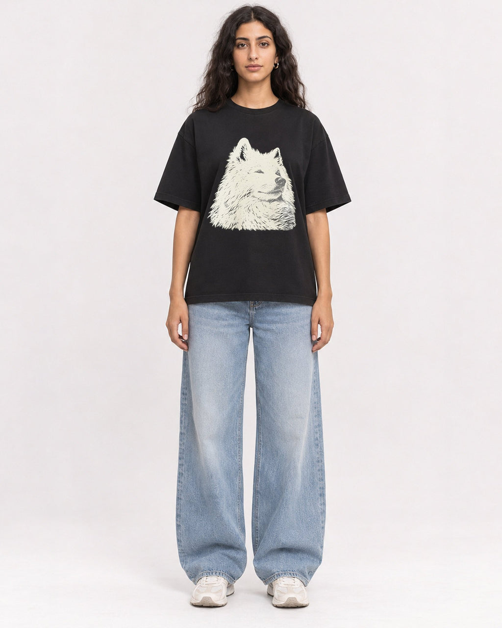 Mockup Boxy Heavyweight Tee Black female full-body 07