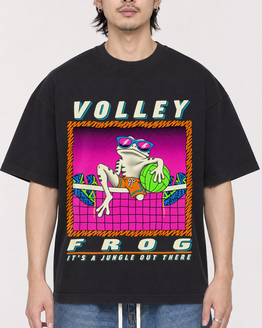 Mockup Boxy Heavyweight Tee Black male close-up 23